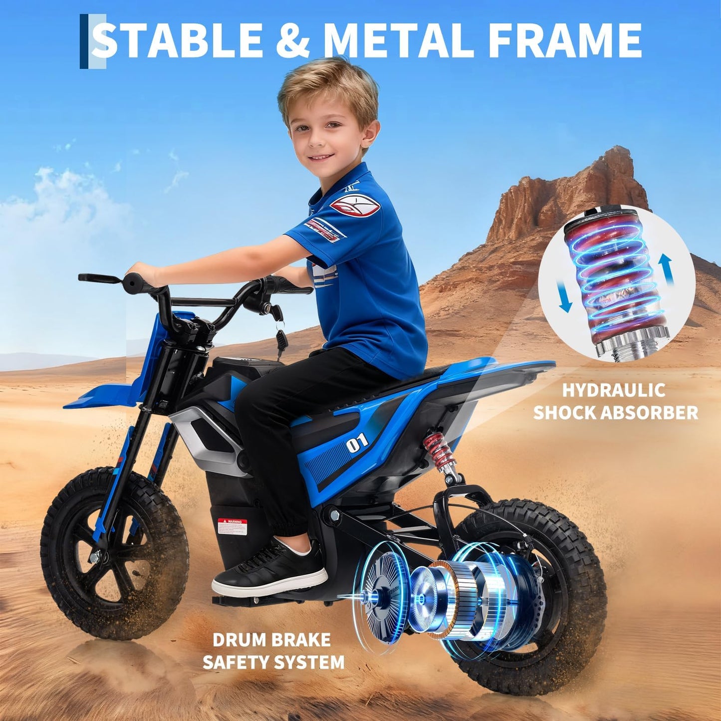 Garvee 24V Kids Electric Dirt Bike - 350w Kids Motorcycle, 13.67 Mph Max Speed Electric Bike for Kid, Rear Wheel Suspension, 12 Miles Range, Twist Grip Throttle, Rubber Tire, Blue