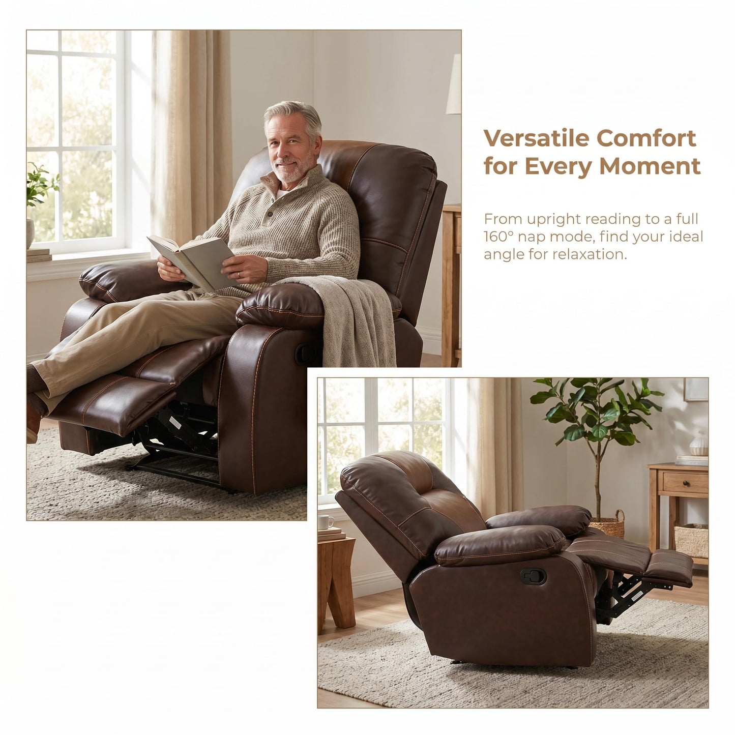 Trygoal Manual Recliner Chair, Nursery Chair, Lazy Boy Recliner Chair for Adults, Living Room Chairs with Overstuffed Arms, Suitable for Home Theater, Living Room, Bedroom, Brown