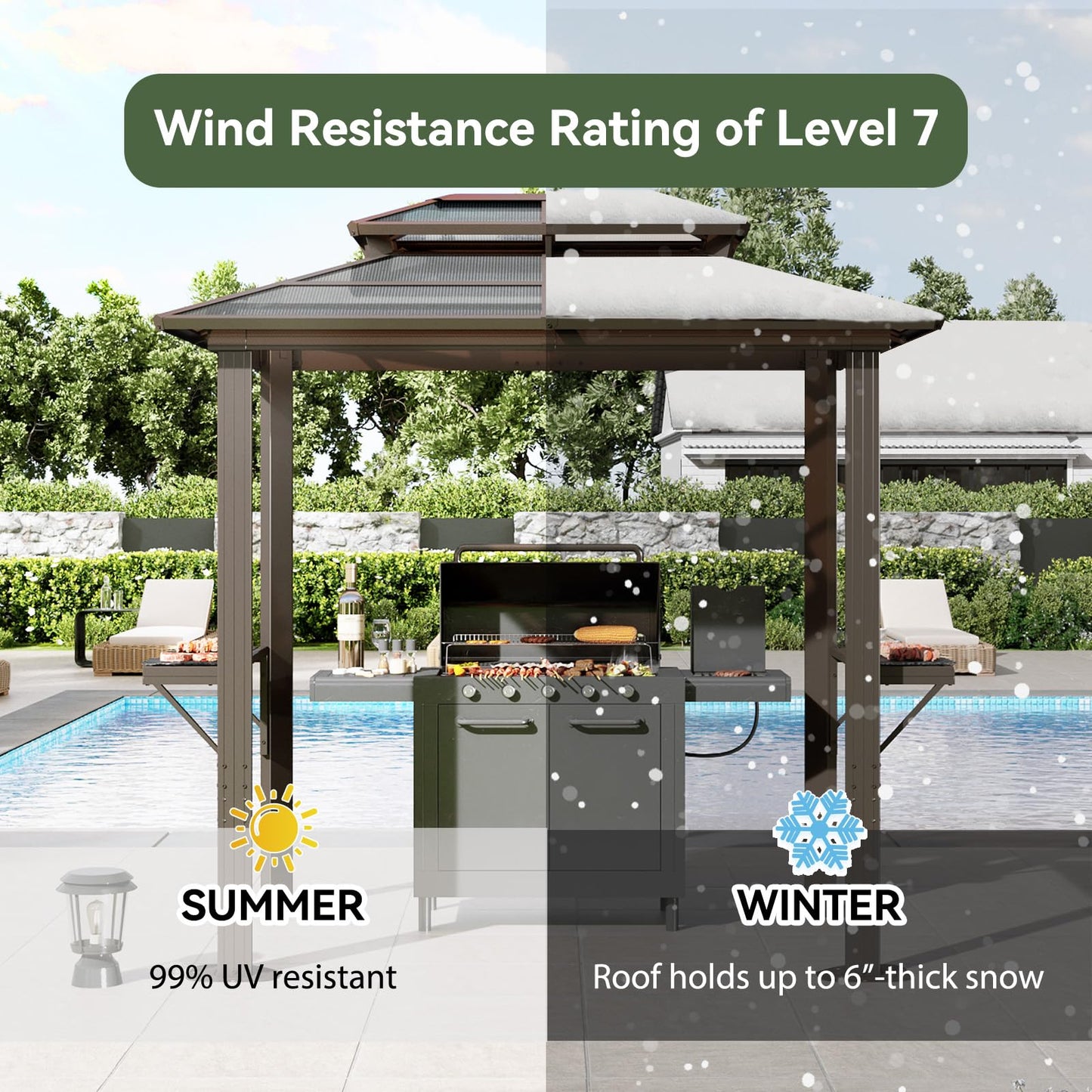 Aoxun 8'x5' Hardtop Grill Gazebo, Outdoor Barbecue Gazebo with Double Polycarbonate Top & 2 Side Shelves & Hooks, Aluminum Grill Canopy for Patio, Lawn, Garden (Brown)