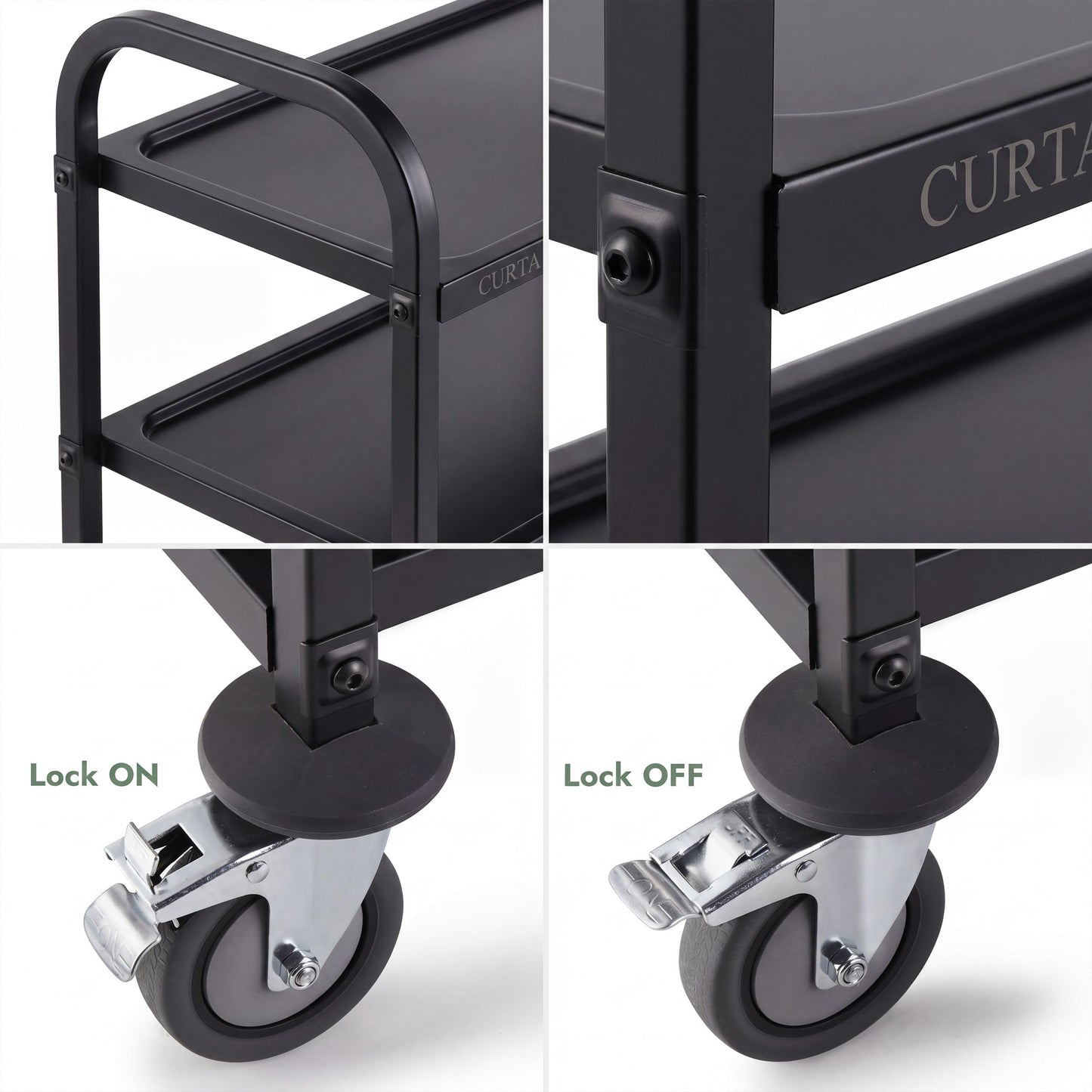 CURTA Black Stainless Steel Serving Cart, 3-Tier Rolling Utility Trolley (38"x20"x37"), Heavy Duty Painted Kitchen Cart on Wheels with Brakes, Commercial Grade for Restaurant, Hotel, Salon & Lab