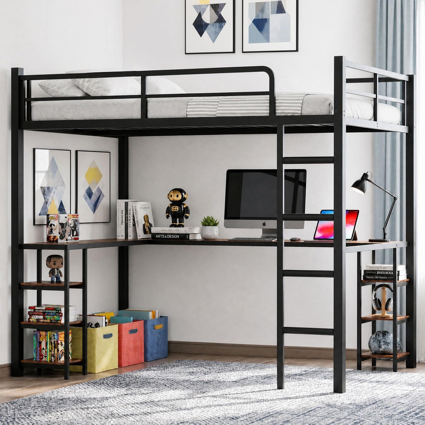 Feetice Full Size Loft Bed with Desk, Metal Frame with Shelves and Clothes Rack, Anti-Tilt Design & 12" Safety Rail, Space-Saving Loft Bed for Teens, Black