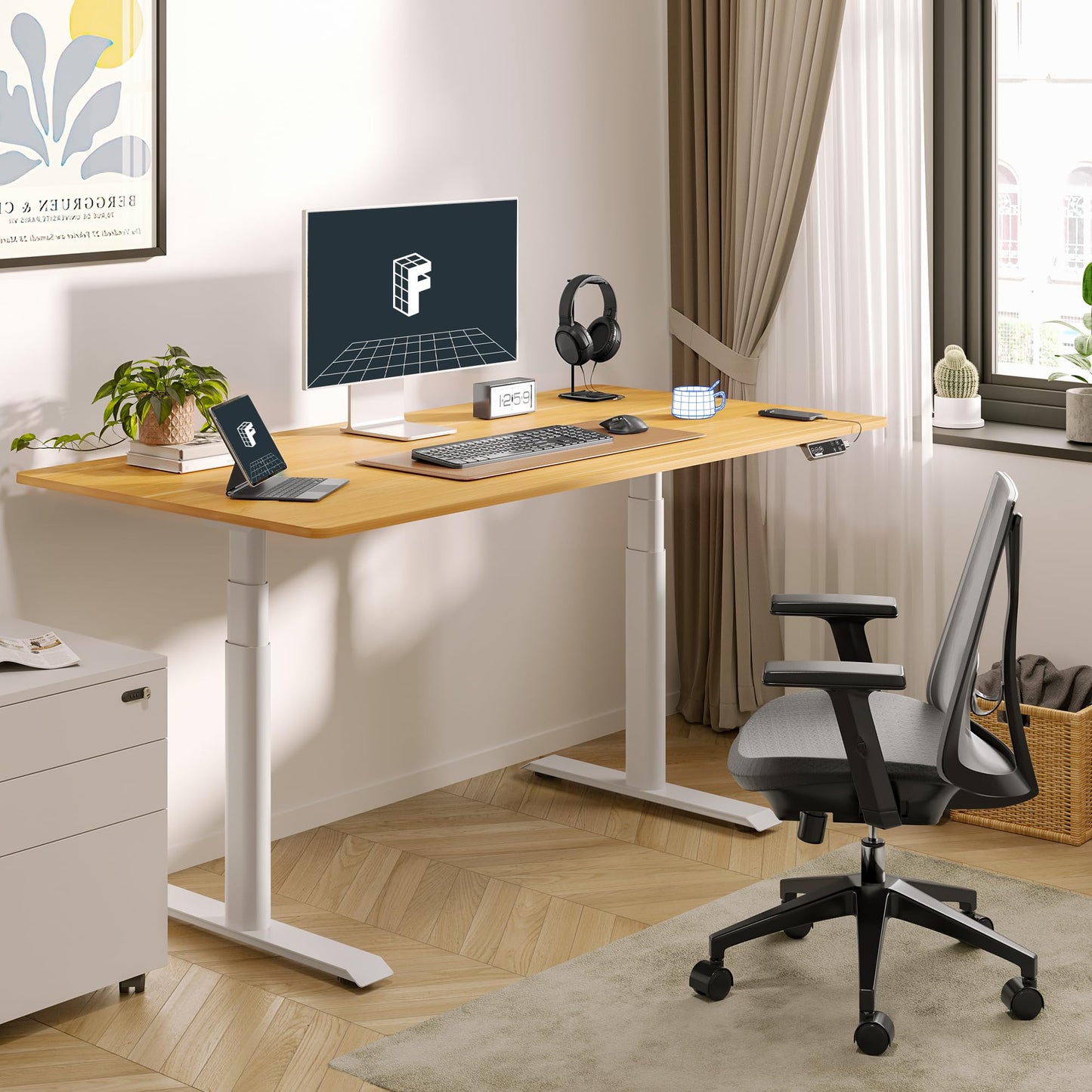 FLEXISPOT E6 Pro 55" x 28" Dual Motor Electric Standing Desk, Organic Modern Oval Leg Design, 3-Stage Height Adjustable Sit Stand Desk with Heavy Duty 330lbs, Maple Desktop, White Frame