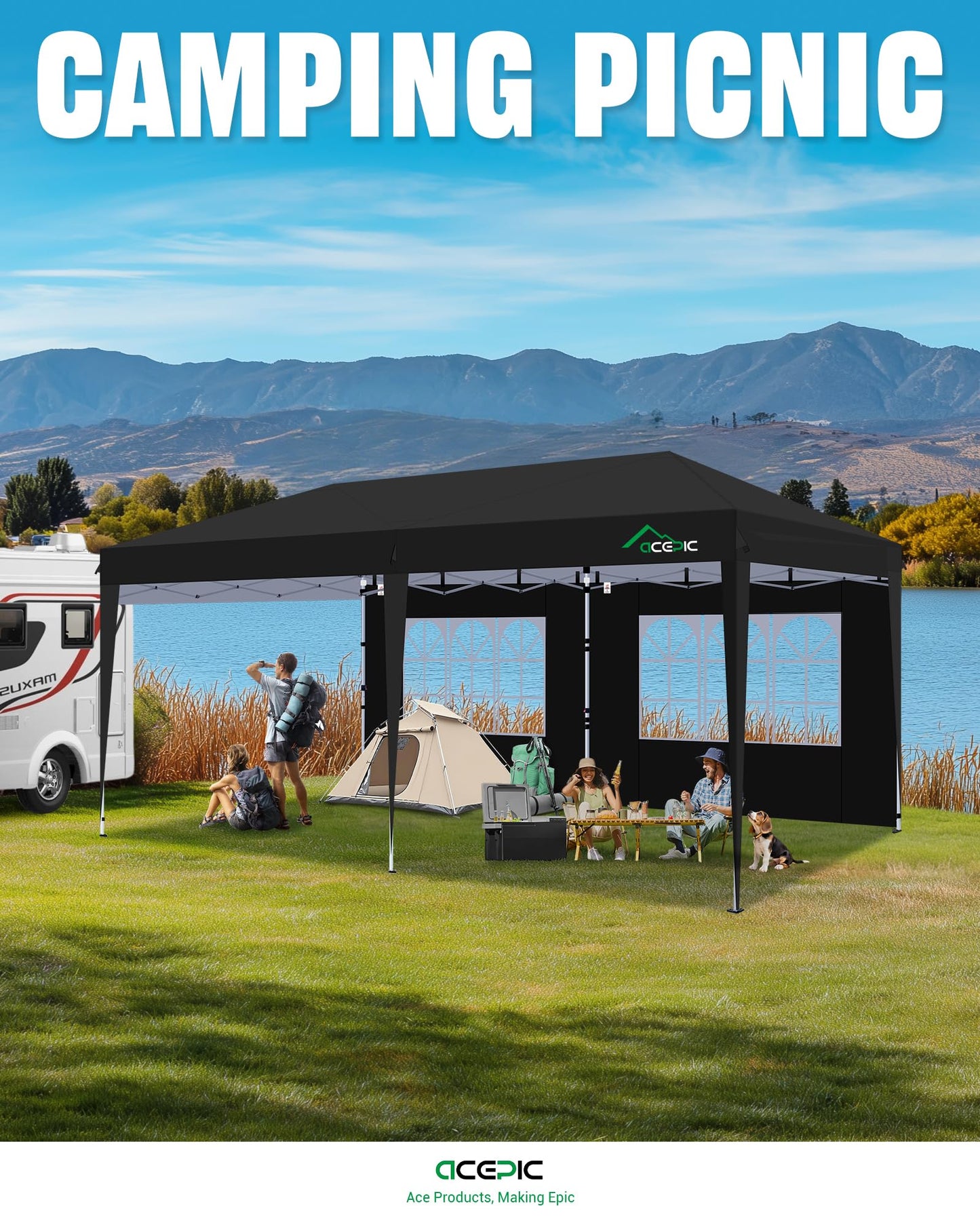 Acepic 10x20 Pop Up Canopy Tent with 6 Removable Sidewalls, Easy Set-up 2 Central Lock Outdoor Party Tent, Commercial Canopy, Stakes x8, Ropes x4, Sandbags x4, Hand Bag x1(Black, 10 * 20)