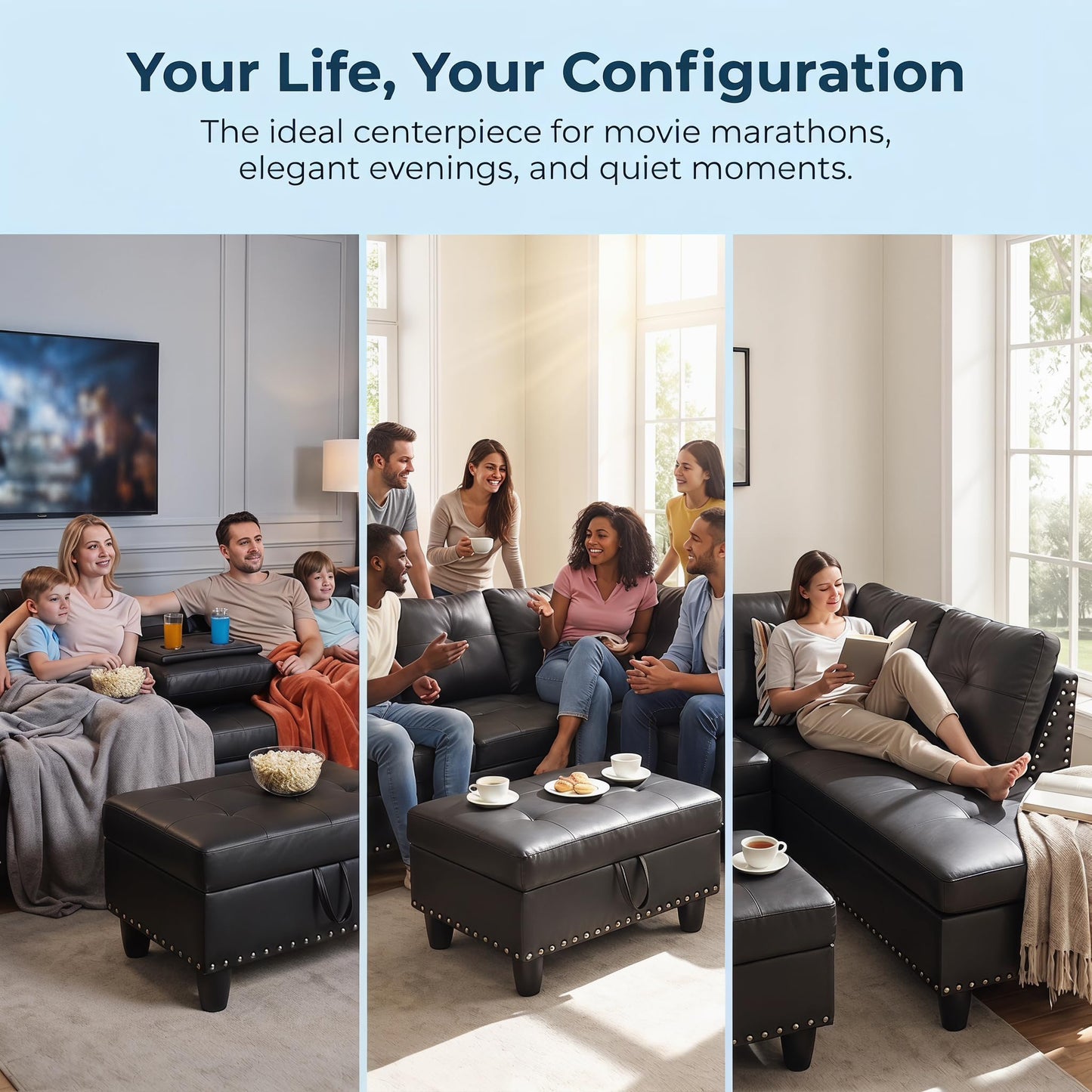 Trygoal 97.5" Leather L Shaped Couch with Right Chaise & Cup Holder, Sectional Sofas Modular Furniture Set with Storage Ottoman, Convertible Couches for Living Room, Small Space & Office (Black)