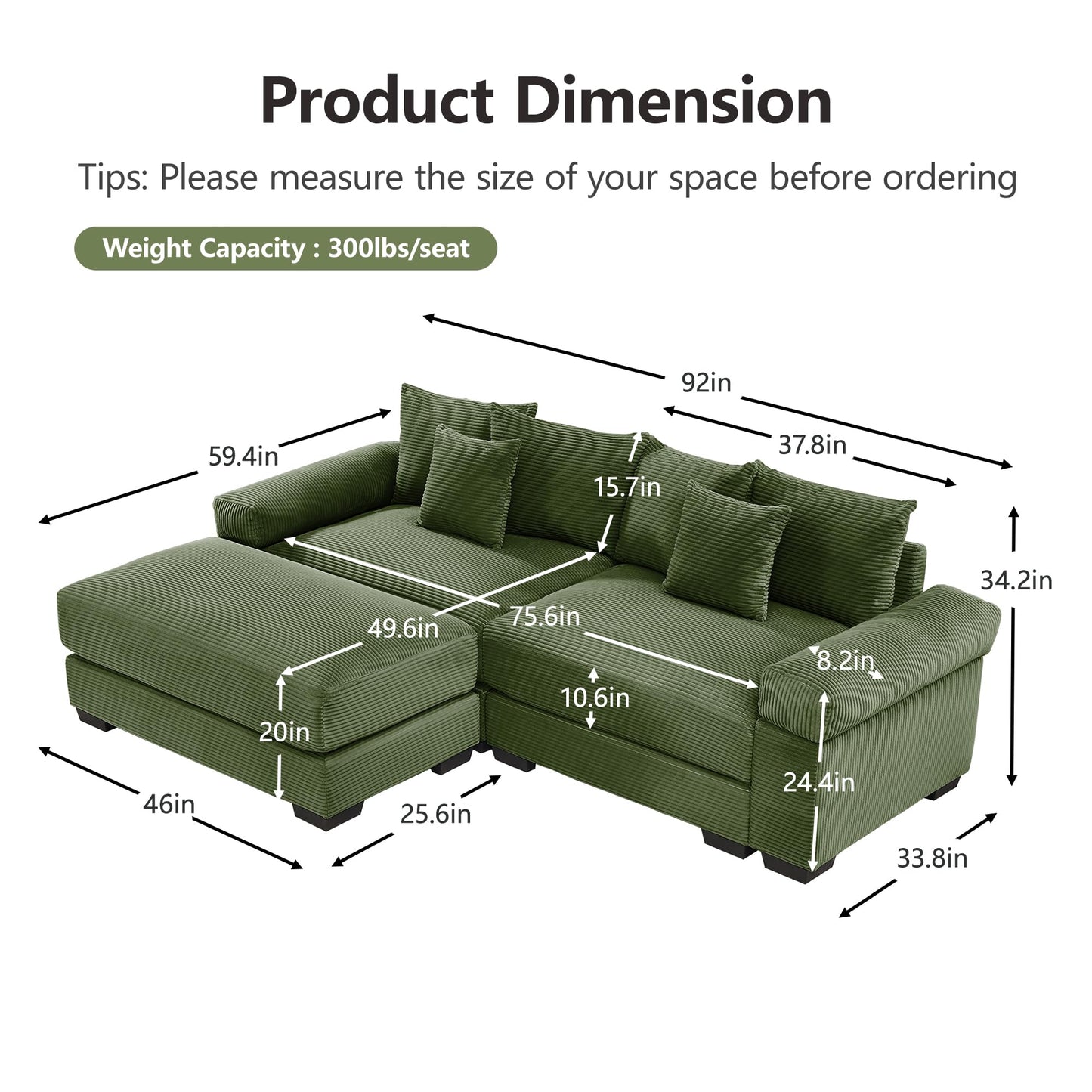 KEIKI 83" L-Shaped Oversized Corduroy Modular Sectional Loveseat Sofa with 1 Ottoman, High-Density Foam Cushion, Extra-Thick Armrest, 2-Seater Fluffy Corner Couch with 6 Pillow, for Living Room, Green