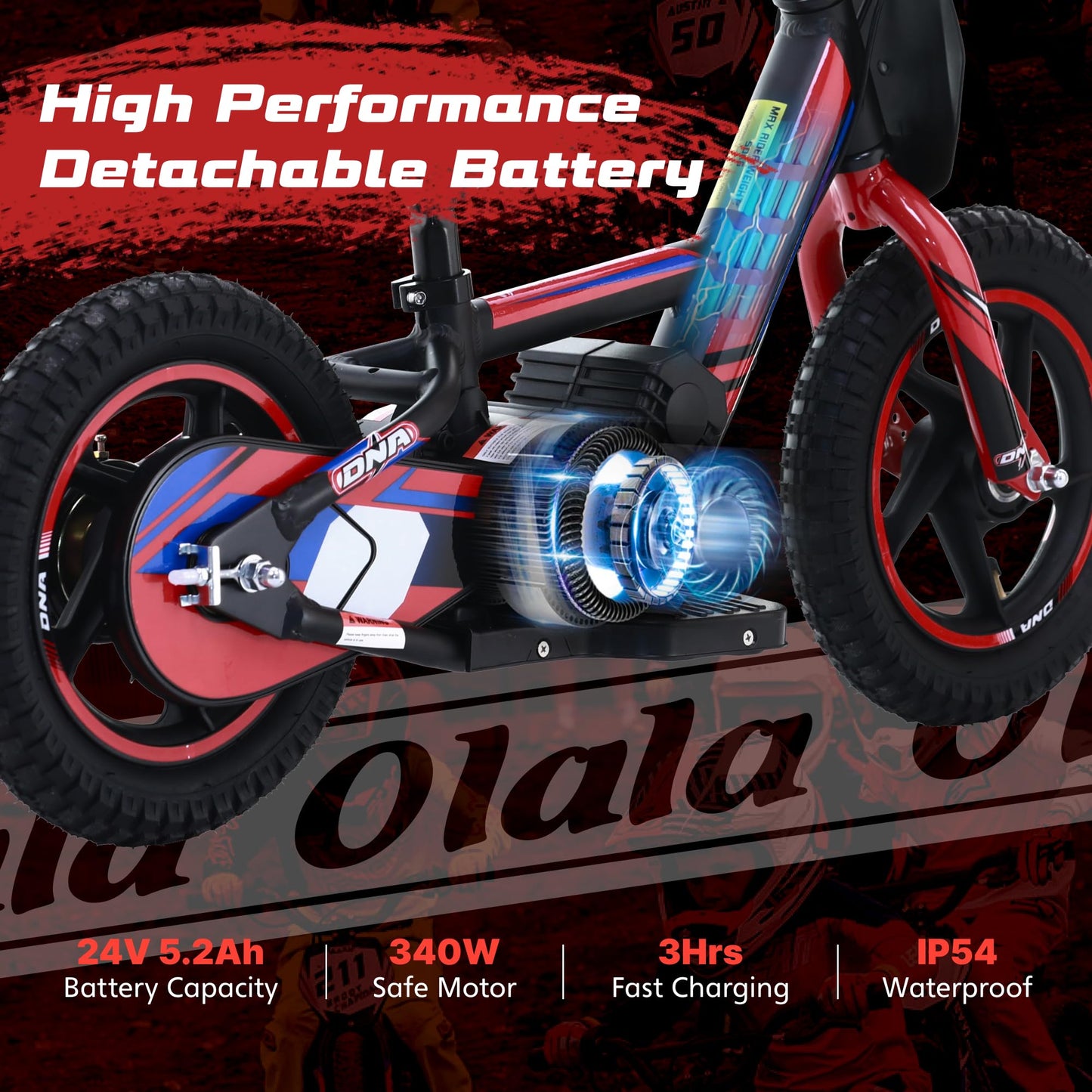 OLALA Electric Dirt Bike for Kids Aged 5-10, 340W Racing Grade Electric Motorcycle with Aluminum Frame, Up to 12MPH & 3 Speed Settings, Safe Disc Brakes, 16IN Knobby Tires