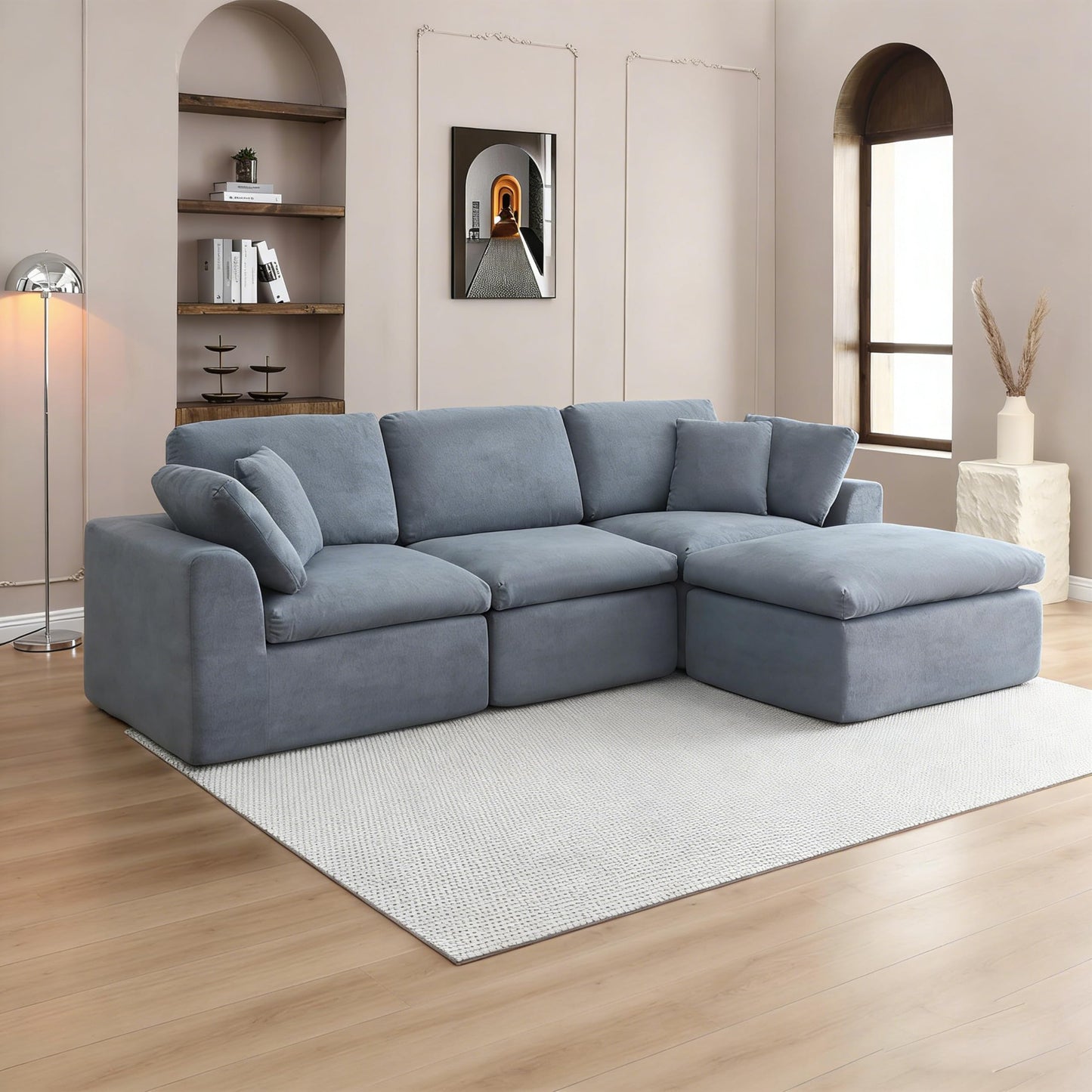 111-Inch L-Shaped Modular Boneless Cloud Sectional Sofa 4 Seat Floor Foam Sofa Couches Deep Seat with Ottoman,Comfy Fabric Upholstered 4 PCS Compressed Cloud Couch