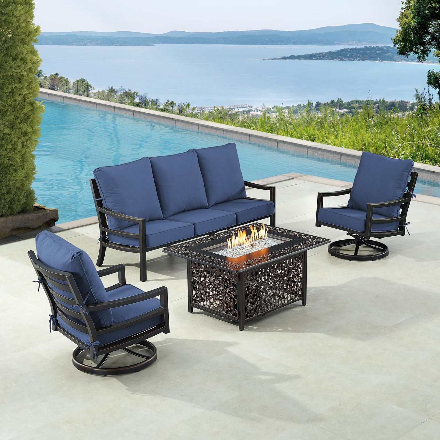 Oakland Living Black Aluminum Patio Fire Table Set with Deep Seating Sofa with Cushions and Two Club Chairs with Blue Cushions