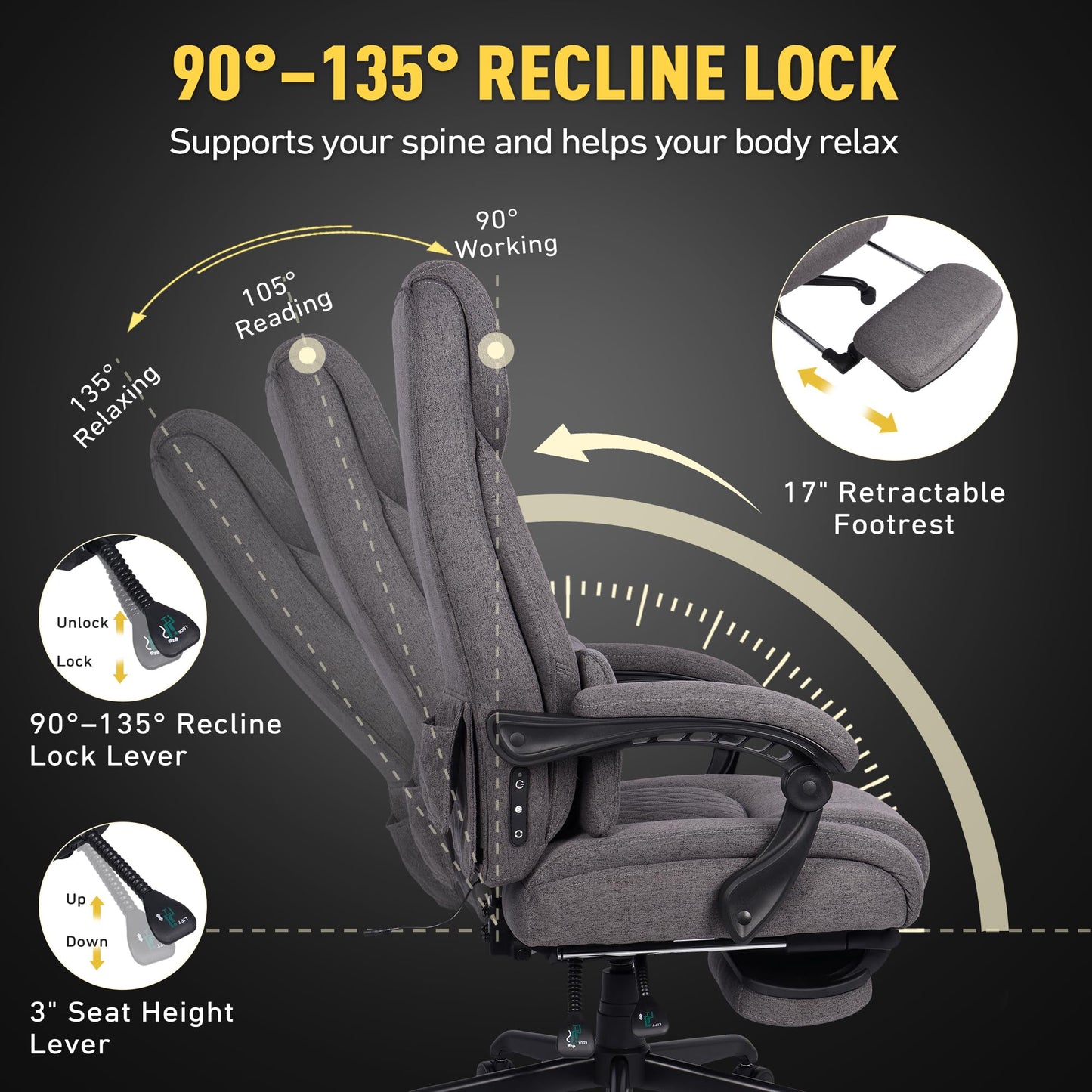 EGSEAT 3D Kneading Massage Office Chair with Heat, 500 lbs Big and Tall Executive Computer Desk Recliner, Leather Electric Heated Office Chairs with Massage & Footrest, Gery