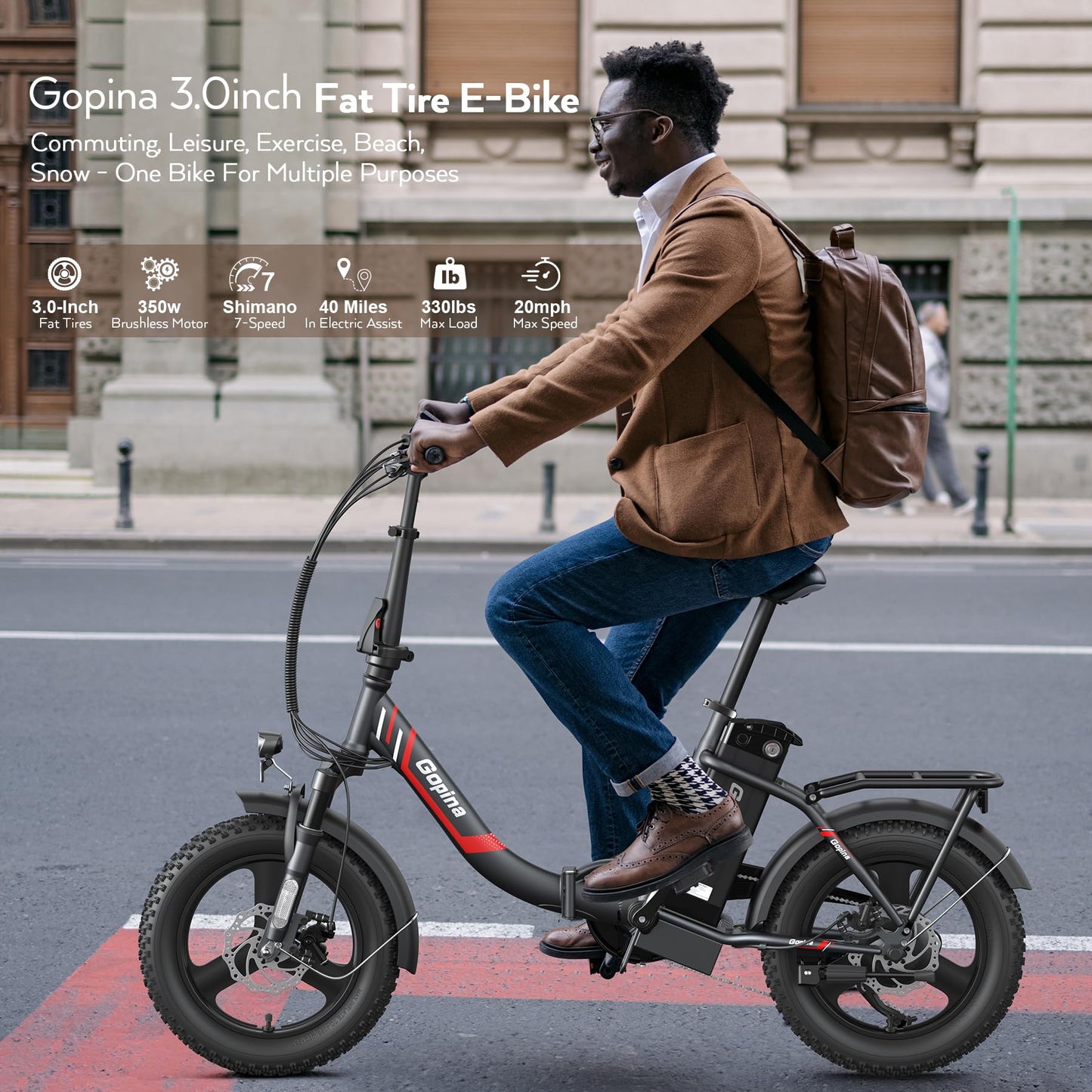 Vivi Gopina Electric Bike, 16" x 3.0 Fat Tire Electric Bike, Peak 500W Step Thru Electric Bicycle, 48V Removable Battery, Up to 40 Miles, LCD Display, 19.8mph, 7 Speed, SGS Certified to UL2849