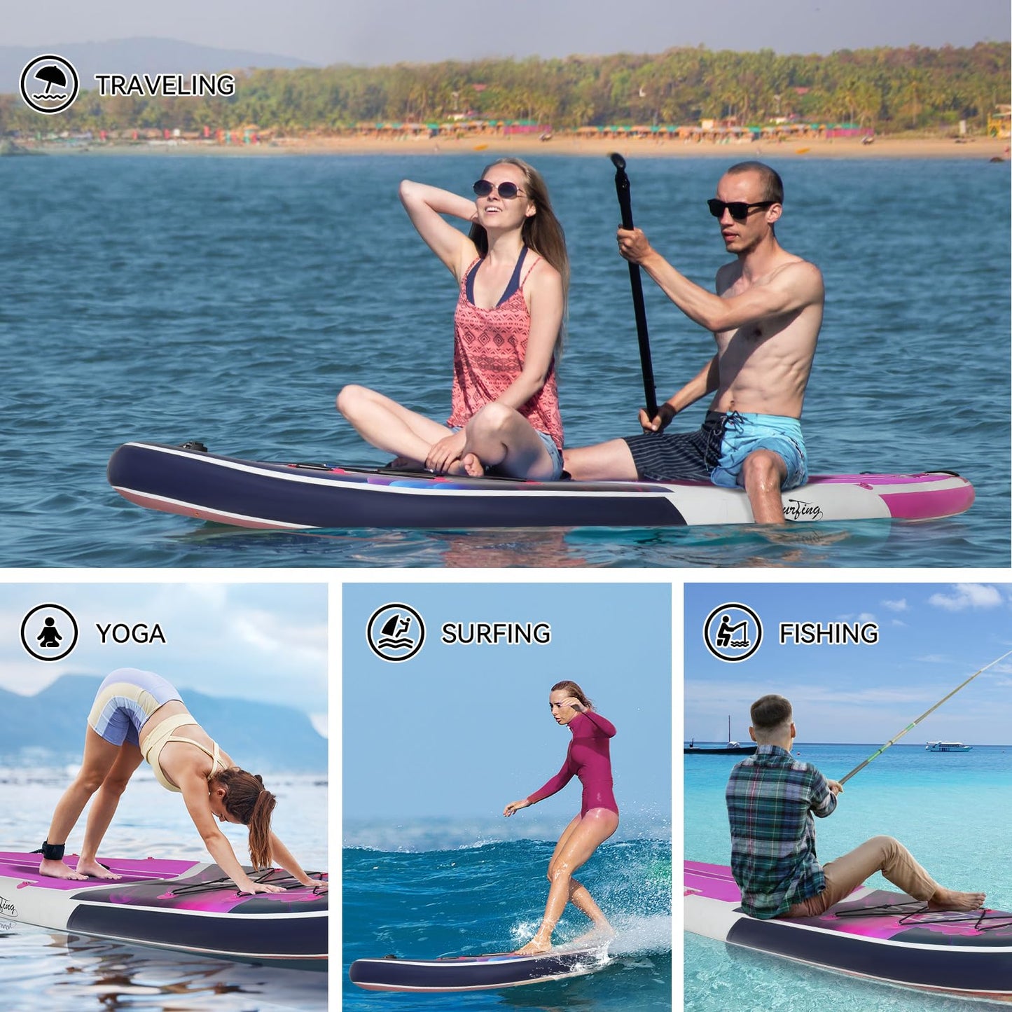 YUSING Inflatable Paddle Board with Seat, 11' x 33'' x 6" SUP, Extra Wide Paddle Boards for Adults, Non-Slip Deck Stand Up Paddle Board with Kayak and SUP Accessories, 3 Removable Fins(Purple)