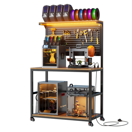 PAKASEPT 3D Printer Stand with Filament Storage Workbench,3D Printer Table with Charging Station & LED Lights,Heavy Duty Rolling Printer Desk with Pegboard for Workshop/Office/Garage