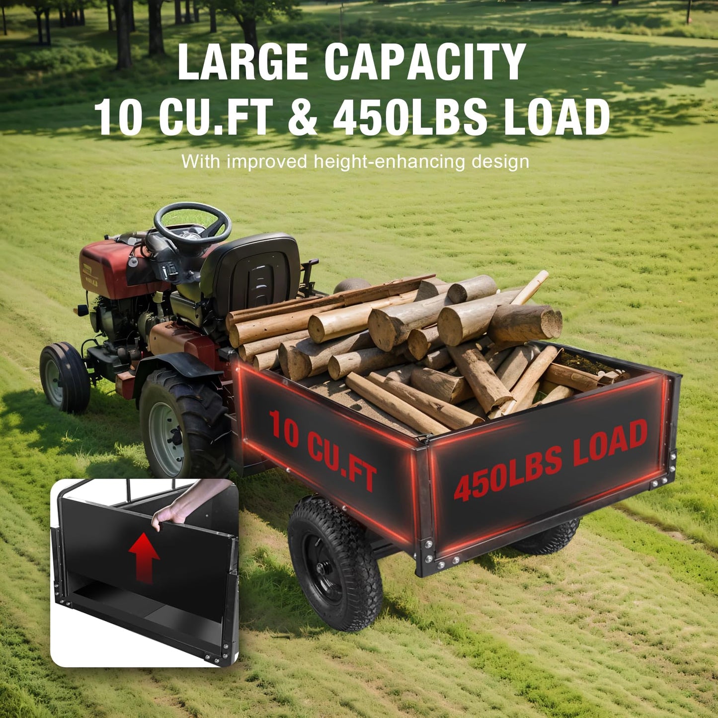 Big RED Heavy Duty ATV Trailer Steel Dump Cart: Yard Garden Trailer for Lawn Mower, Tractor, Garden Waste - 450lbs, 10 cu.ft Capacity