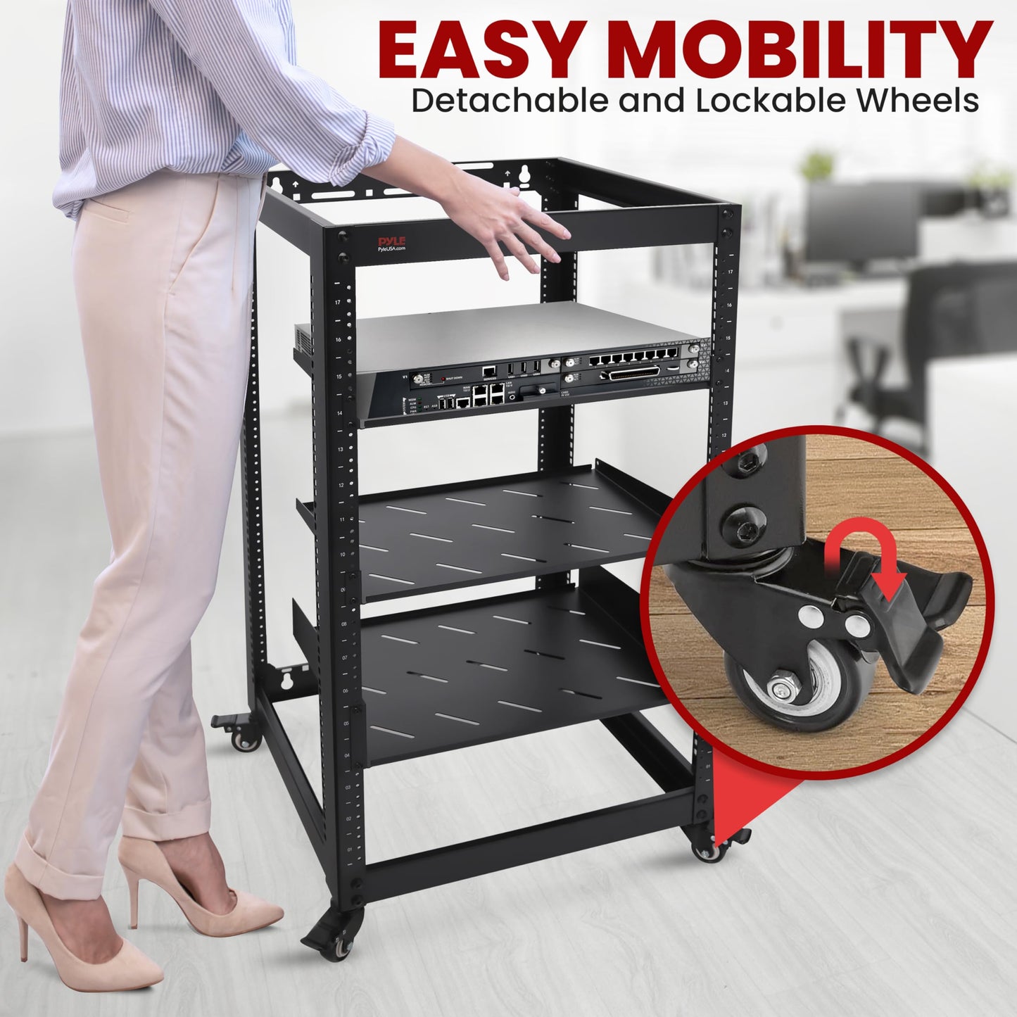 Pyle 20U Open Frame Server Rack - Wall Mount Network Rack for Servers, Networking & AV Gear - Heavy-Duty 19" Equipment, Includes 1U & 2U Vented Shelves for Airflow, Lockable Wheels - 440 lbs Capacity