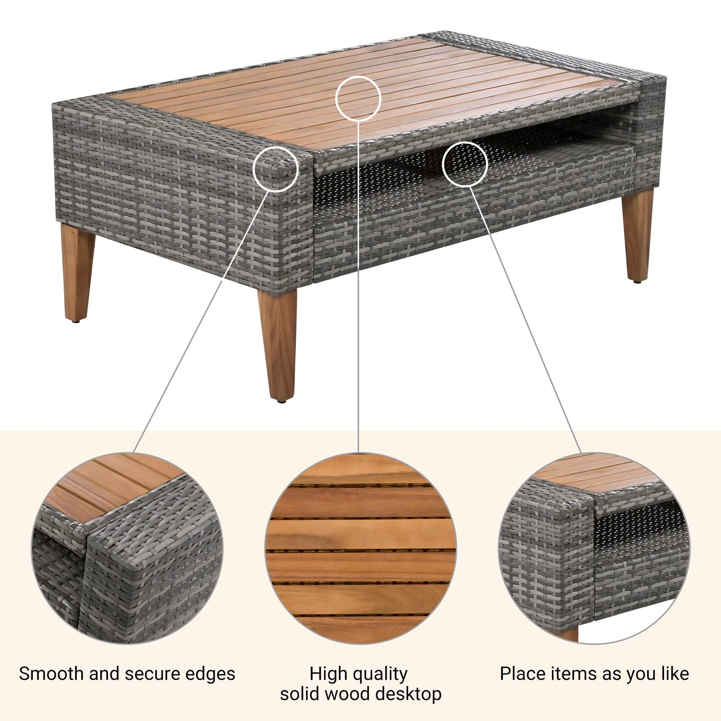 Merax 6-Piece Wicker Patio Sofa Set, Outdoor Rattan Conversation Set with Double Cushions, Solid Wood Legs and Wood Table Top