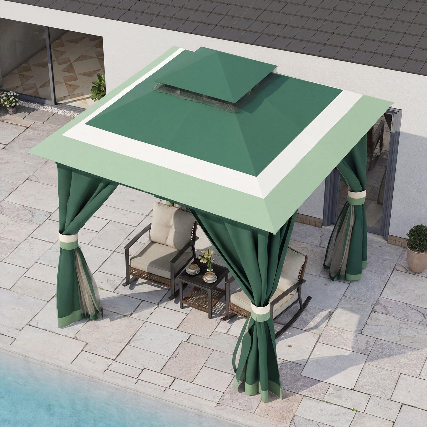 LAUSAINT HOME Patio Gazebo 8'x8', Outdoor Heavy Duty Party Tent Shelter with Double Roofs, Mosquito Nettings and Privacy Screens for Backyard, Garden, Lawn, Forest Green