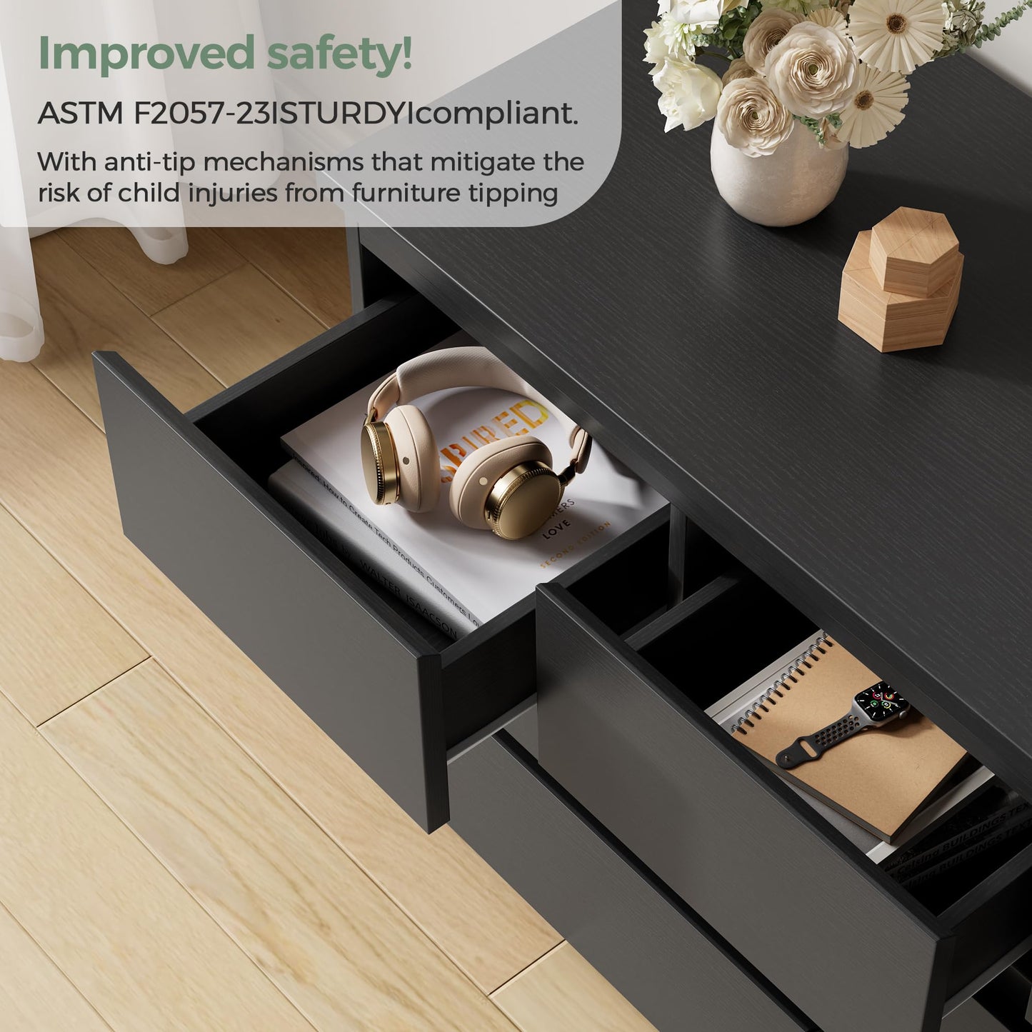 Jocoevol Modern Black 7 Drawer Dresser for Bedroom, Simply Chest of Drawers, Wood Storage Dresser with Deep Drawers for Living Room Hallway Entryway, Black