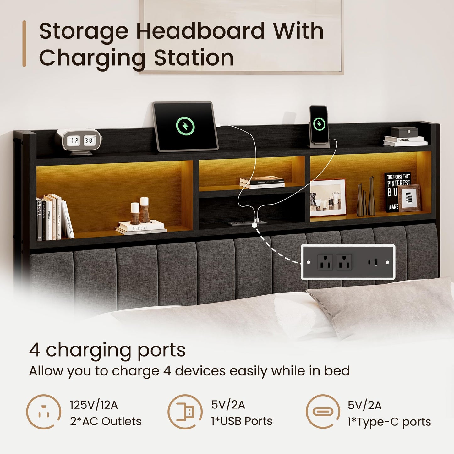 BRELTAM King Bed Frame with 6 Storage Drawers, Linen Upholstered Headboard, Built-in USB Charging Station & LED Lighting, Silent Metal Support, No Box Spring Needed, Vintage Black