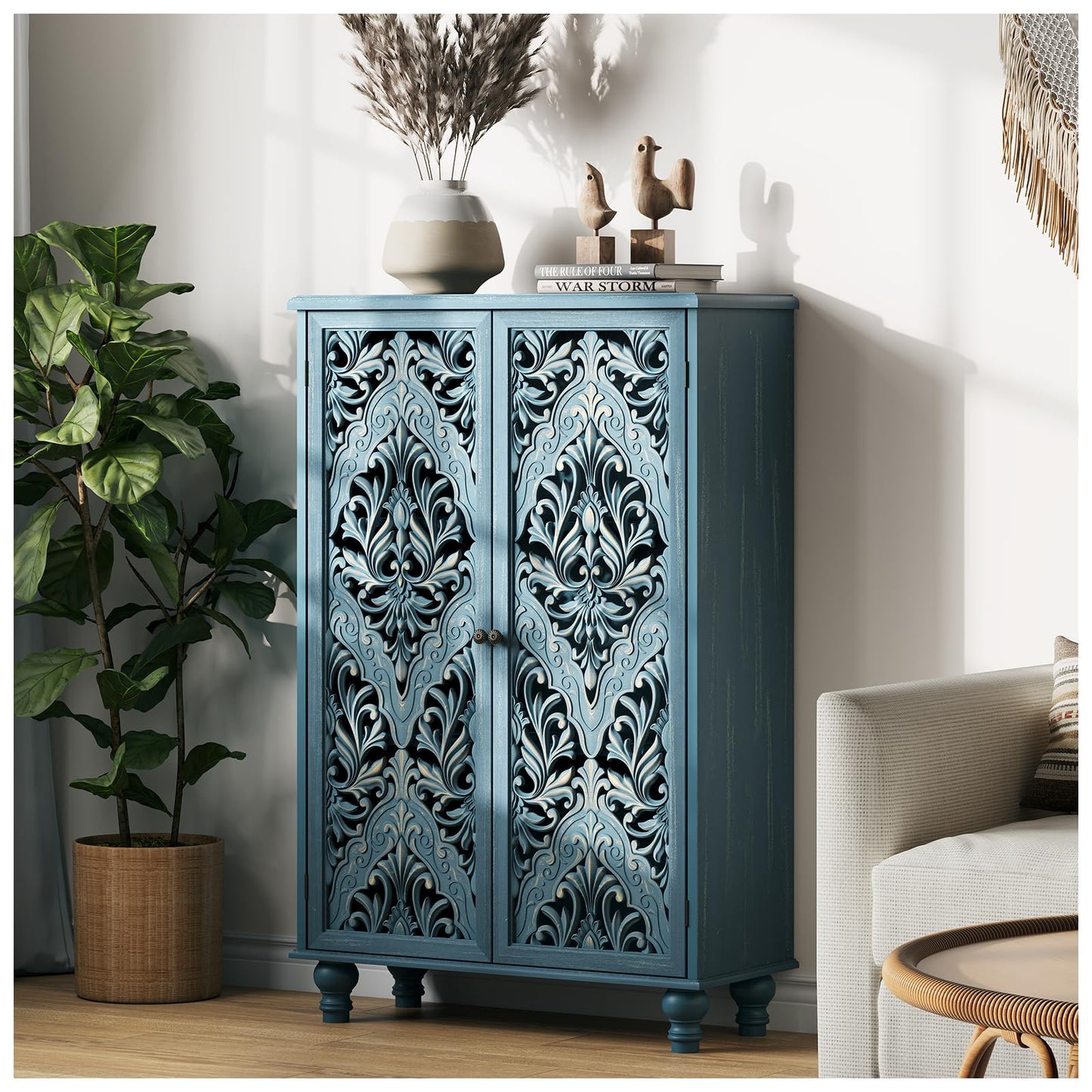 JOINICE 47" Tall Accent Cabinet with Carved Doors & Storage for Living Room,Blue Cabinet with Solid Wood Legs & 100lbs Capacity, Farmhouse/Rustic Style for Dining Room, Bedroom, Hallway, Home Office