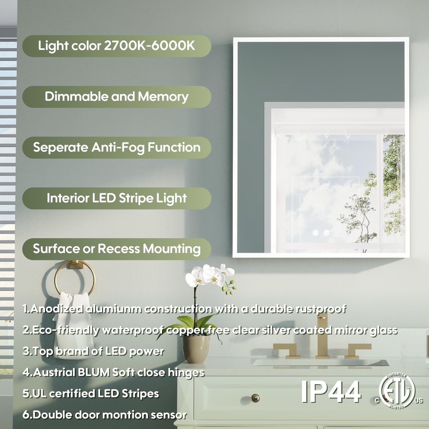 WELLFOR 24" X 30" Medicine Cabinet With Lights, 3X Magnification, Anti-Fog Mirrored Cabinet, Bathroom Vanity With Outlets & USB Ports, Left Opening Door