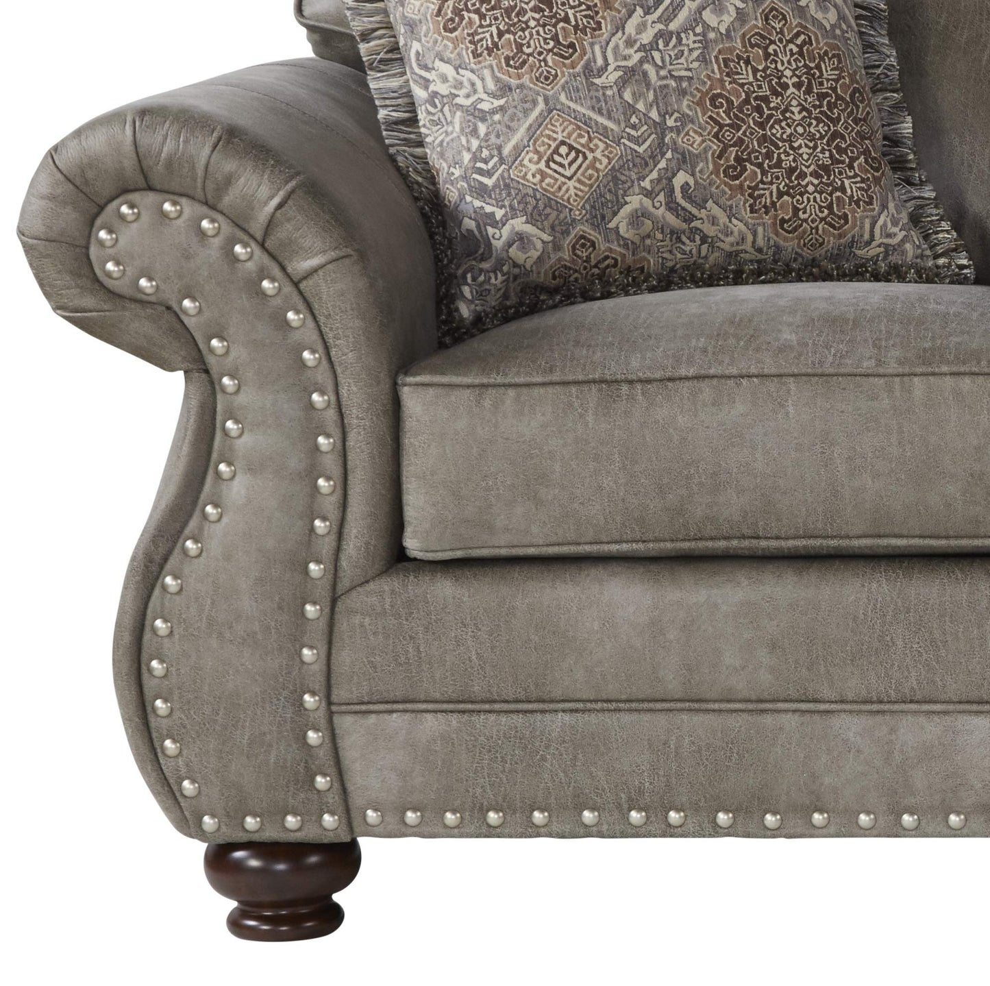 Roundhill Furniture Leinster Fabric Upholstered Nailhead 3-Piece Livingroom Set, Sofa, Loveseat, and Chair Set in Stone Gray