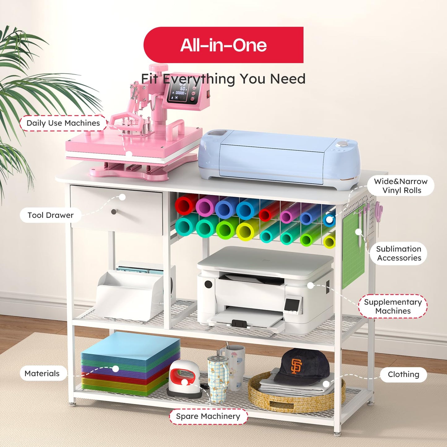 Crafit Extra Large Heat Press Table, Heat Press Stand Desk Cart with Vinyl Storage, Multi-Purpose Heavy Duty Metal Workbench for DIY Sublimation, T-Shirts Caps Mug & Tumbler Heat Transfer Projects