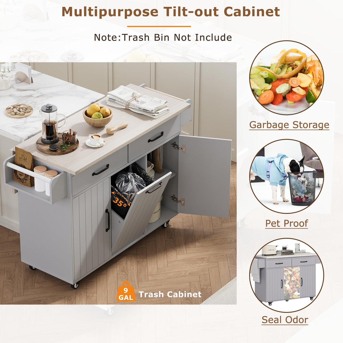 Ball & Cast Kitchen Island with Trash Can Storage Cabinet,Kitchen Cart W/Drop Leaf,Spice Rack,Towel Rack and Drawers,Rolling Kitchen Islands on Wheels W/Adjustable Shelf for Dining Room,Grey