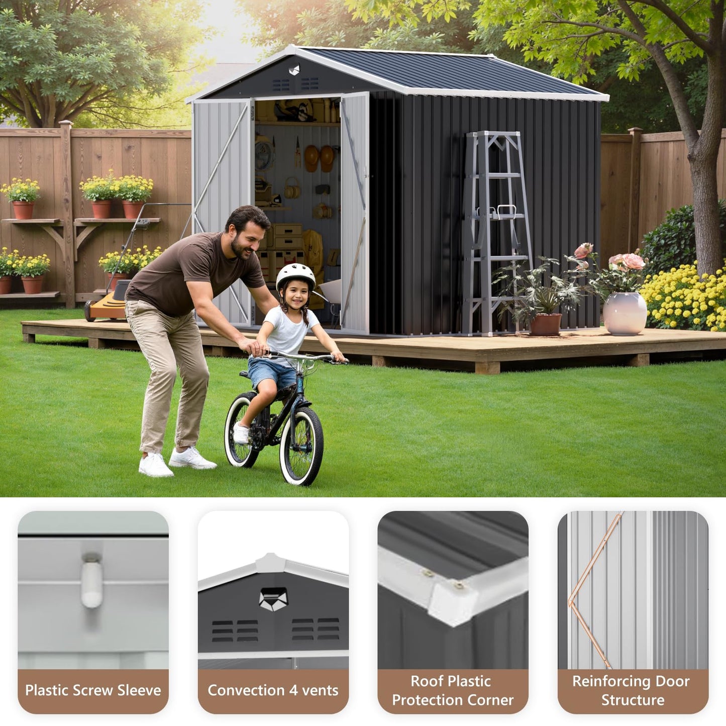 10x8 FT Outdoor Storage Shed, Metal Garden Shed, Storage Tool Sheds with Lockable Doors, Waterproof Outside Storage Building for Backyard, Patio (Black; Floor Not Included)