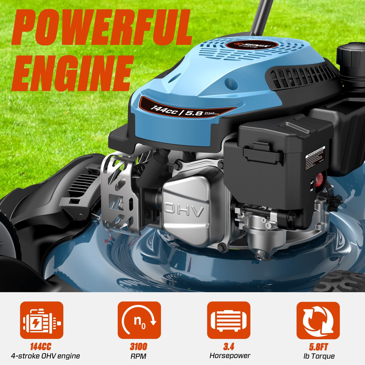 SENIX 21-Inch Gas Lawn Mower, 144CC 4-Cycle Engine Push Mower with Mulching & Side Discharge, 6-Position Cutting Height Adjustment, Residential Walk-Behind Mower for Yard & Garden