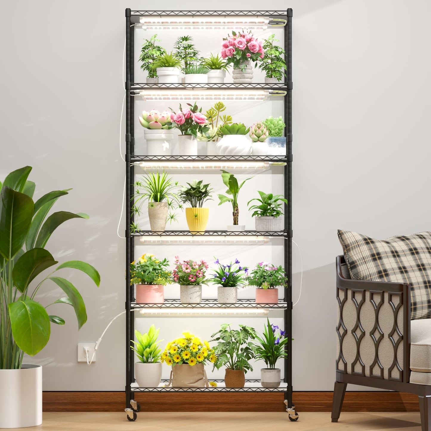 Gaudeoo Plant Stand with Grow Light, 6-Tier DIY Plant Shelf with Grow Lights for Seedlings, Greenhouse, Indoor, 8 Pack 5000K 192W LED Full Spectrum Growing Lamp with Rack, Wheel, 29"x13.5"x73.5"