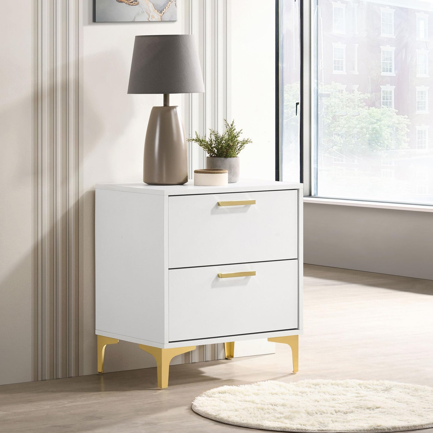 Coaster Home Furnishings Kendall 2-Drawer Contemporary Nightstand Bedroom Storage Cabinet Bedside Table Engineered Wood Eco-Friendly Laminate with Gold Metal Legs and Handles White 224402