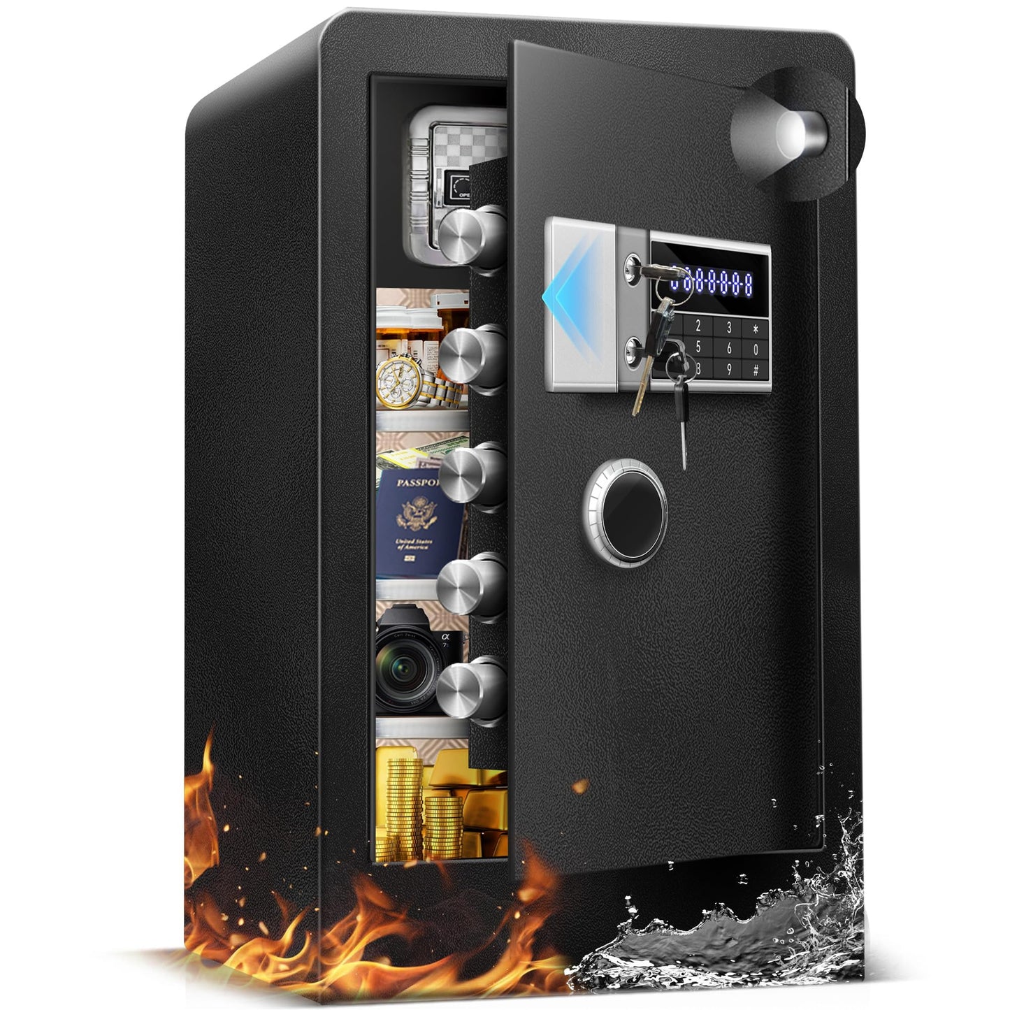 HOLOJOY 10.5 Cu Ft Large Fireproof Waterproof Safe Box for Home Office Documents- Heavy Duty Steel LCD Display Digital Security Safe Box with LED Light, Removable Shelf for Money Jewelry Valuables