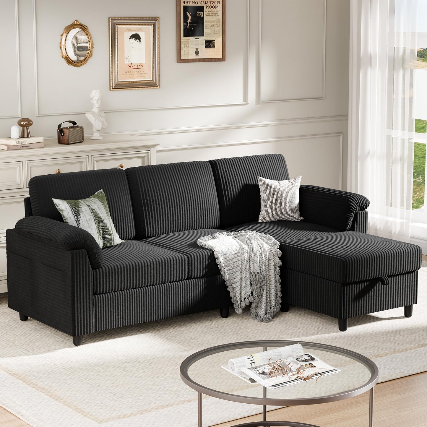 Meilocar Sectional Couch for Living Room, 79in Sectional Sofa with Ottoman, L Shaped Couch with Armrests Side Storage Pockage, 3-Seat Sofa Couches for Apartment, Black