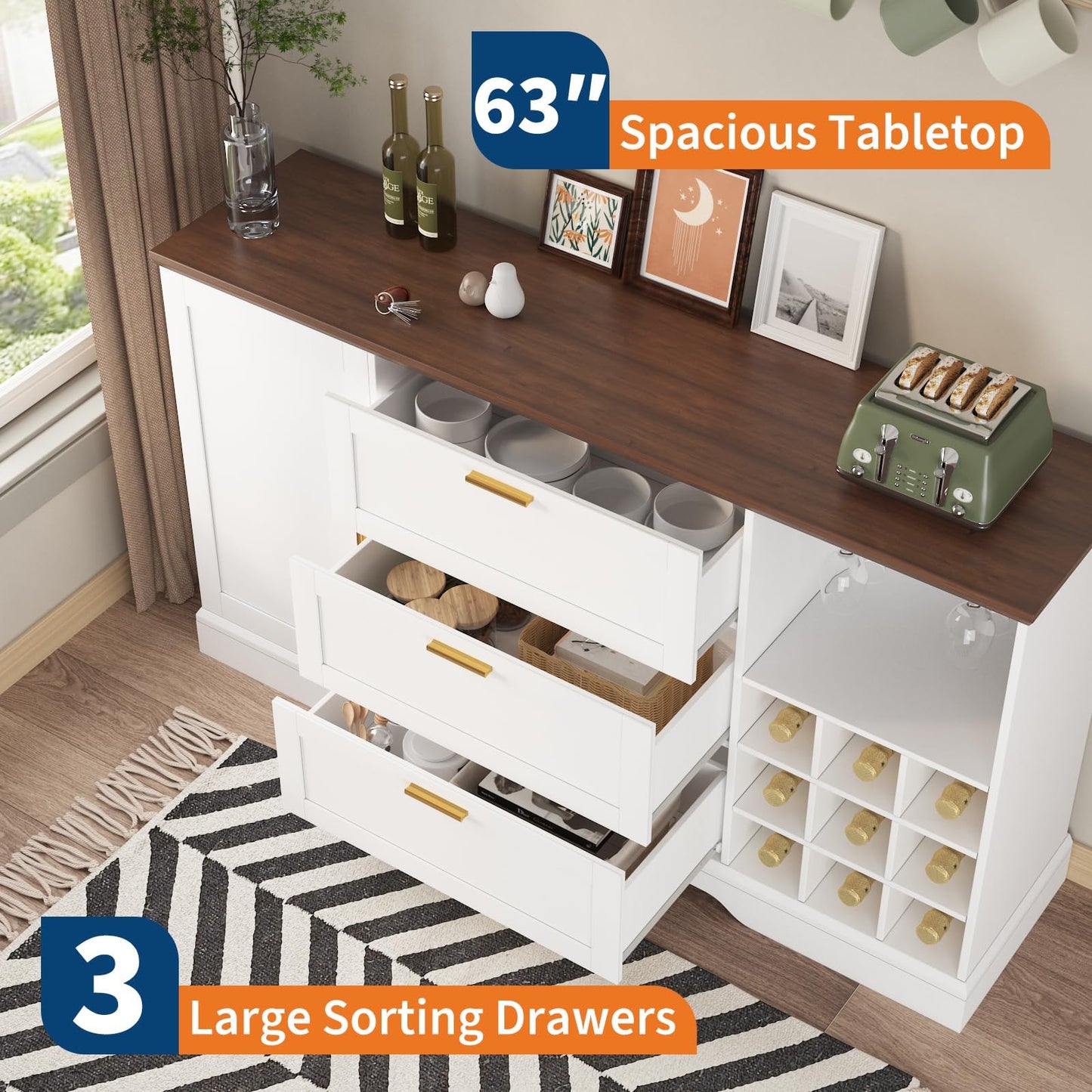 63 Inch Farmhouse Sideboard Buffet with Drawer Adjustable Shelves,Kitchen Island with Door-Back Rack for Snacks,Coffee Bar Buffet with Wine Racks Storage for Kitchen Entryway White and Walnut