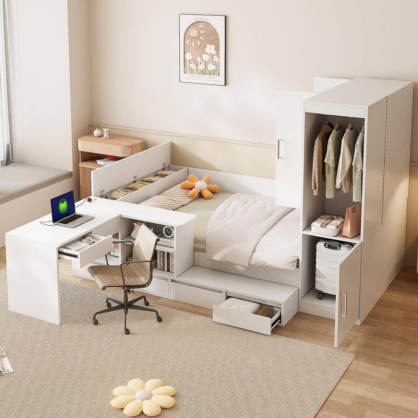 Merax Full Size Platform Bed with 6 Storage Drawers, Wooden Daybed with Desk, Sheves and Wardrobe