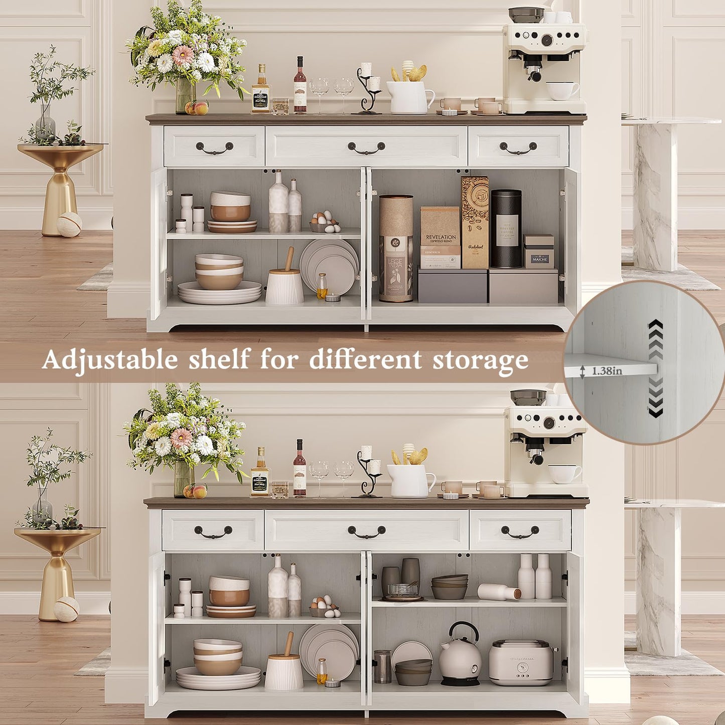Vipbear 65" Large Sideboard Buffet Cabinet with Storage, Farmhouse Buffet Table Wine Coffee Bar Kitchen Storage Cabinet with 3 Drawers 4 Doors for Living Room, Kitchen, Dining Room, White