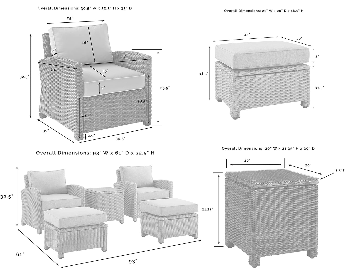 Crosley Furniture Bradenton 5-Piece Outdoor Chair Patio Furniture Set, Wicker Conversation Sets for Porch, Weathered Brown with Navy Cushions