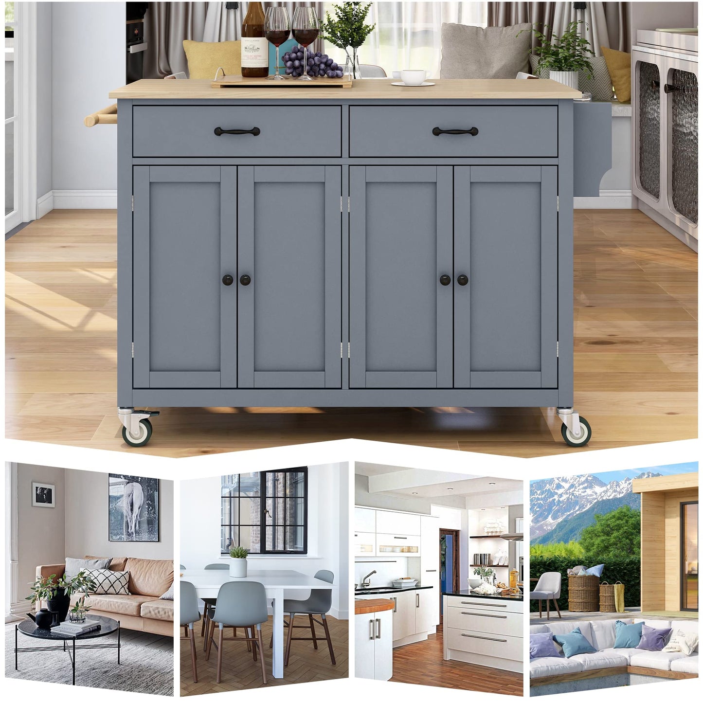 Favfurish Kitchen Island with Solid Wood Top and Locking Wheels,54.3 Inch Width Kitchen Cart W/ 4 Door Cabinet / 2 Drawers/Spice Rack/Towel Rack,for Dining Room,Home Bar,Gray