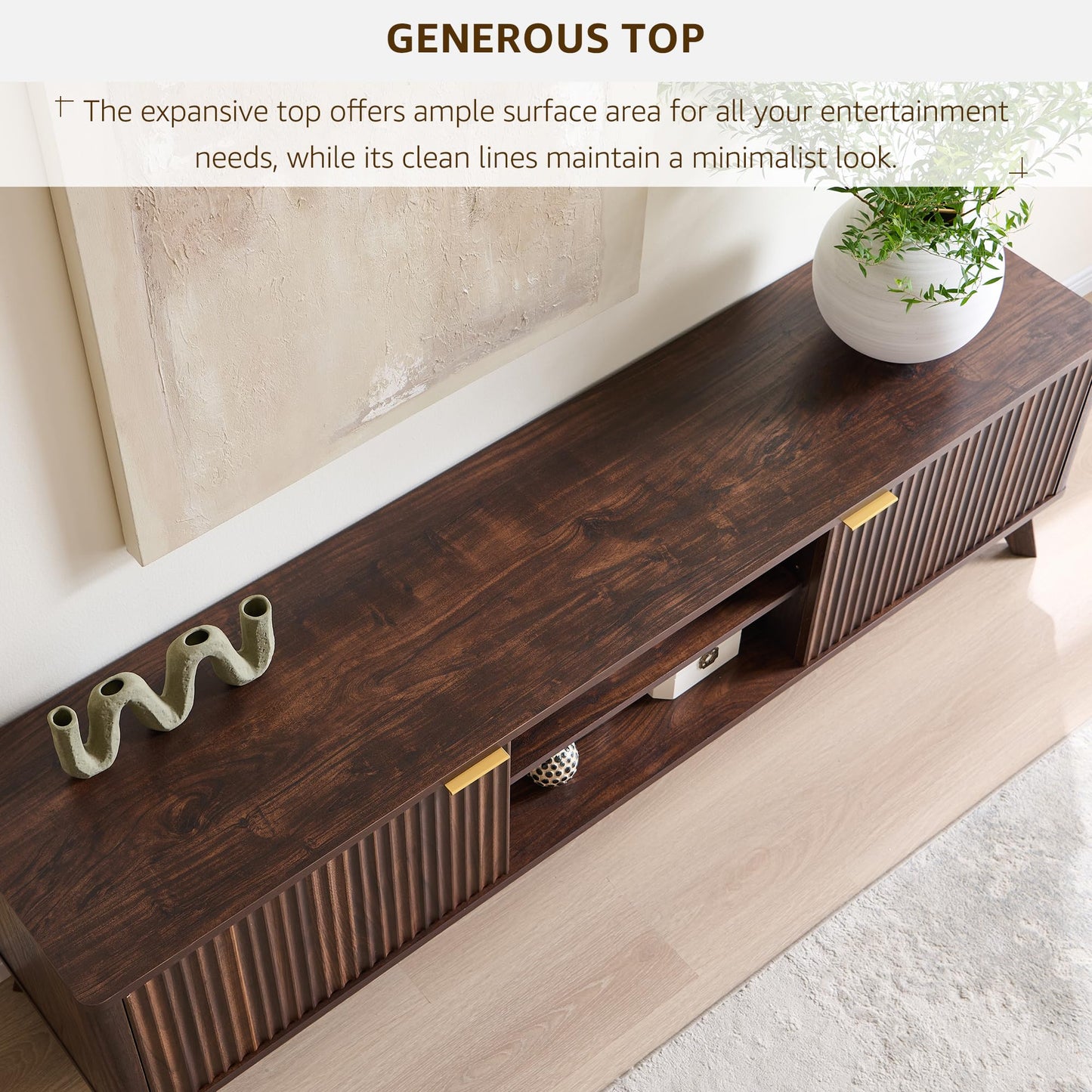 OKD 70" Mid Century Modern Fluted TV Stand, Entertainment Center, Sideboard, Media Console for Living Room with 2 Soft Close Door/Adjustable Shelves (Dark Walnut)