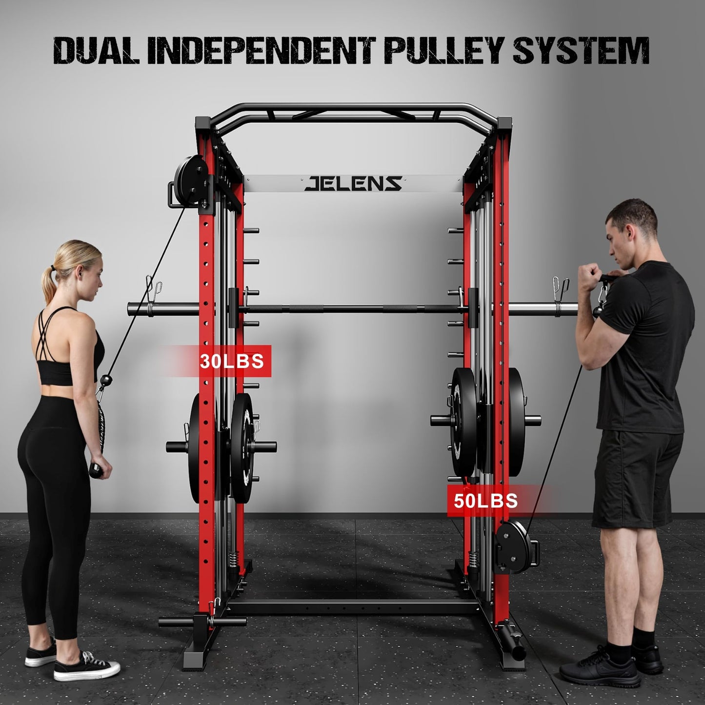 JELENS M21 Smith Machine, Multi-Function Power Cage with Dual Pulley Cable Crossover System, 2000LBS All-in-One Squat Rack with Smith Bar and Attachments (Red, M21 Smith Machine)