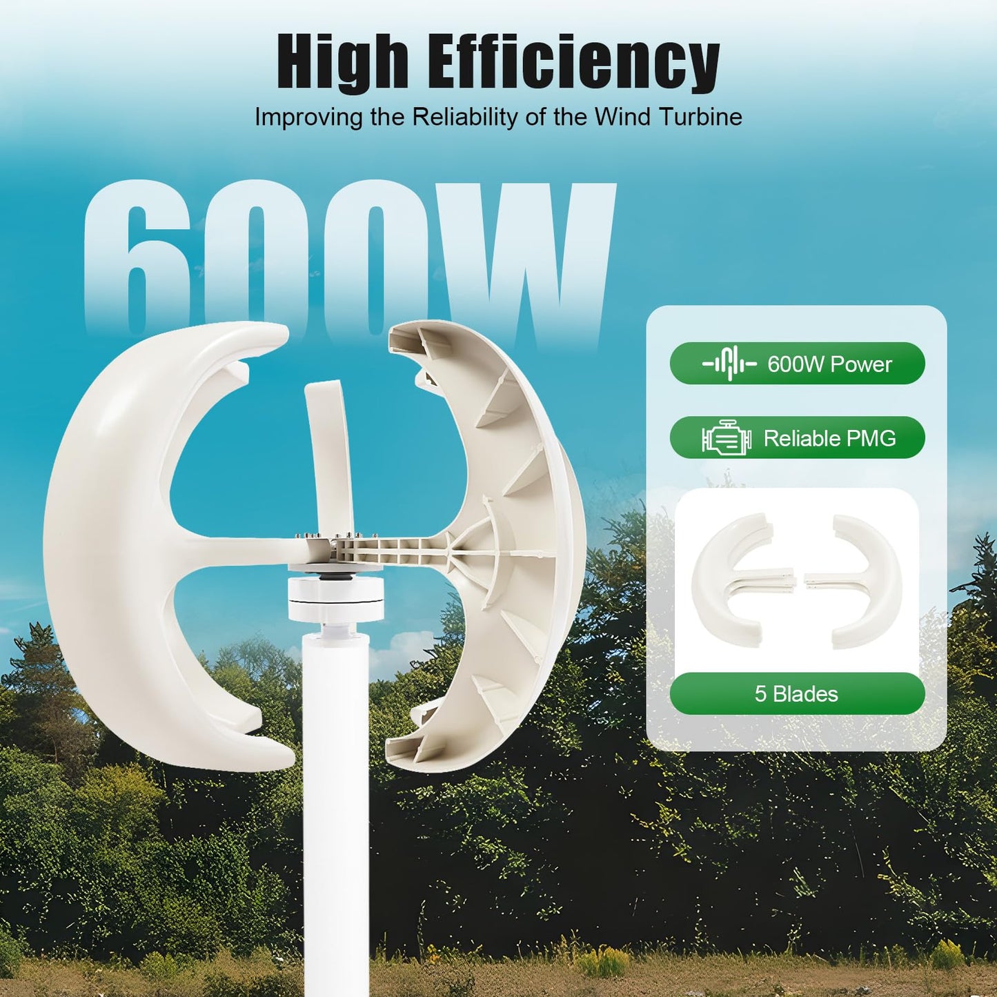 Wind Turbine Generator Kit, 12V 600W Vertical Wind Power Generator, 5 Blades Magnetic Levitation Generator, for Wind Power Generation