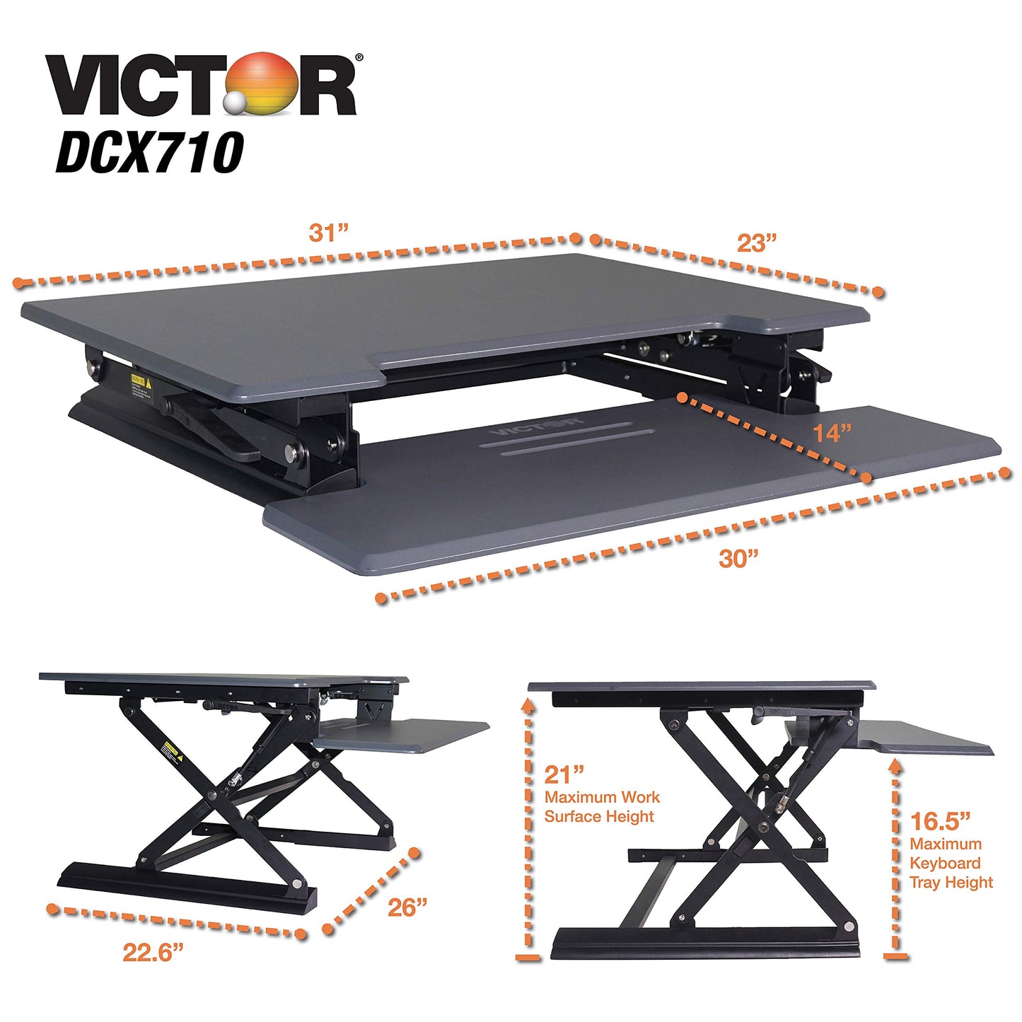 Victor DCX710G High Rise Collection Height Adjustable Standing Desk with Keyboard Tray (Gray) - Sturdy Steel Frame, Dual Lever Release System, 2 Tiered Wooden Work Surface and Keyboard Tray, 31 Inches