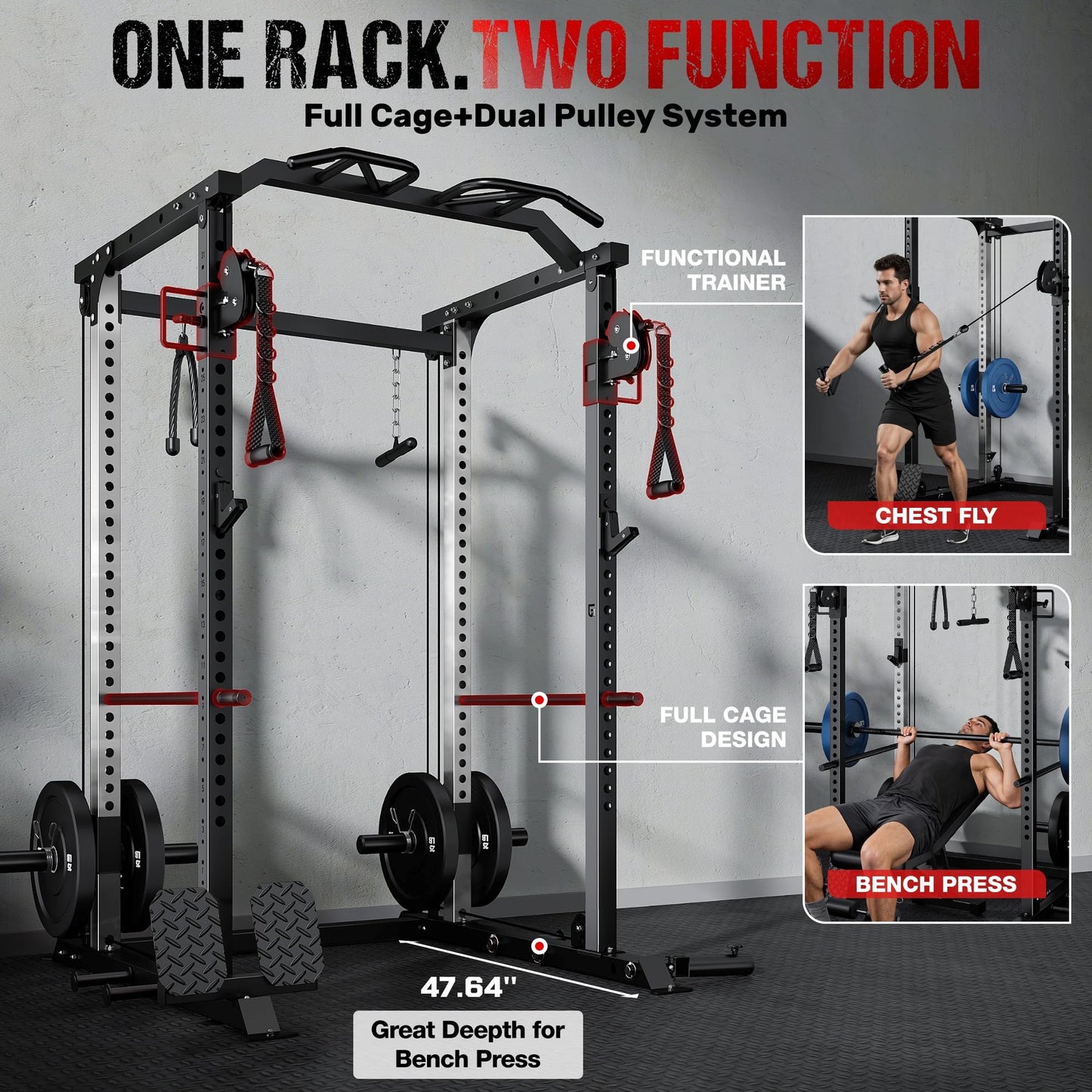 GOIMU DP01 Power Cage, 2000LBS Squat Rack with Cable Crossover and Dual Independent Pulley System, Full Cage for Full Body Training, Power Rack with More Training Attachments for Home Gym(Black)