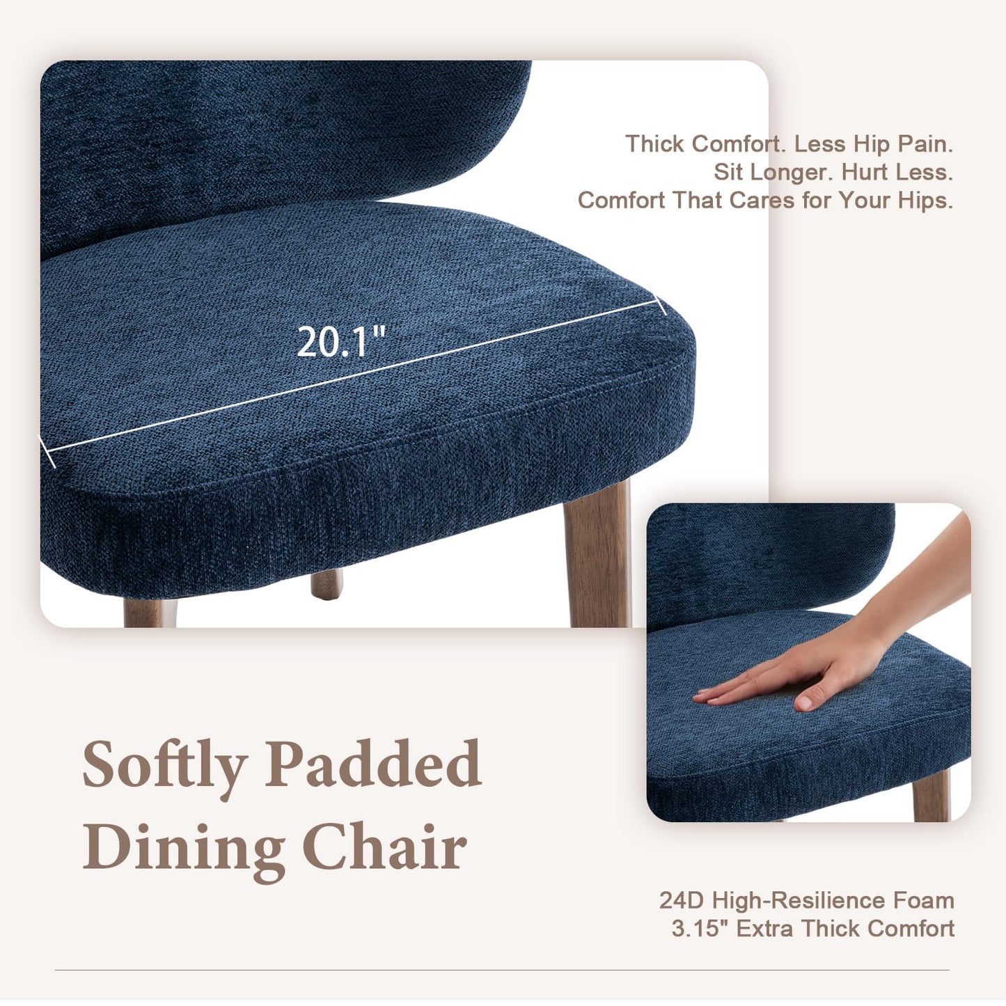 YOUNUOKE Upholstered Dining Chair, Modern Chenille Fabric Dining Room Chair with Wood Legs, Widen Backrest Comfy Side Kitchen Chairs, Blue (Single Pack)