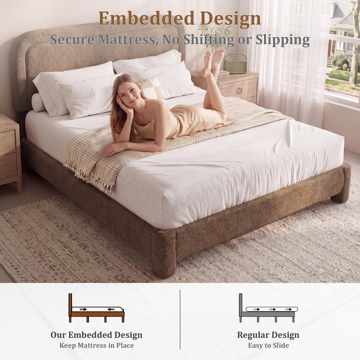 Vipbear Boucle King Size Bed Frame with Adjustable Headboard, Upholstered Cloud Platform Bed Frame with Wood Slats, Noise-Free King Bed, No Box Spring Required, Easy Assembly, Sand Brown