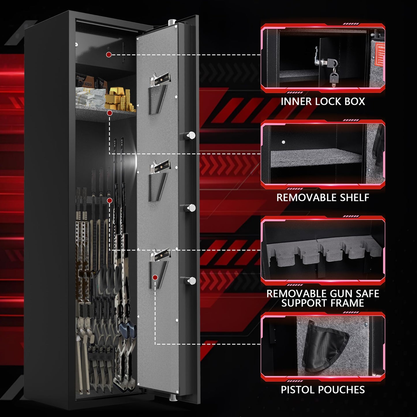 Marcree Biometric Fingerprint Gun Safe for Rifles, 8-10 Gun Cabinet with Key Inner Cabinet, Fingerprint & Digital Keypad Rifle Cabinet, Gun Safe for Rifles and Pistols, Pistol Pocket, Silent Mode