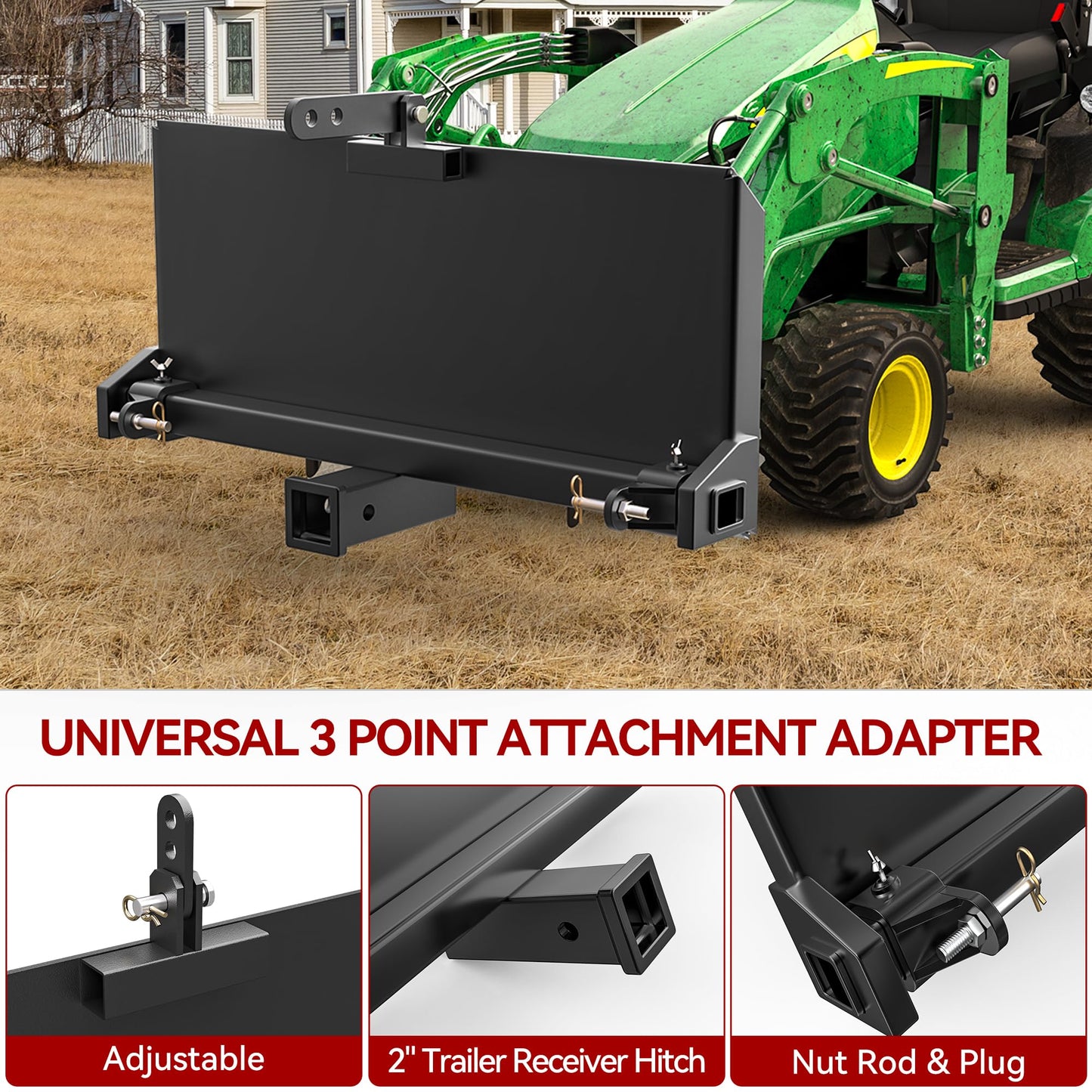 YITAMOTOR Skid Steer 3 Point Adapter Plate with 2'' Trailer Hitch Receiver, Universal Quick Attach Mount Plate Adjustable Width Lift Arms from 8" to 43" for Front Loader Case