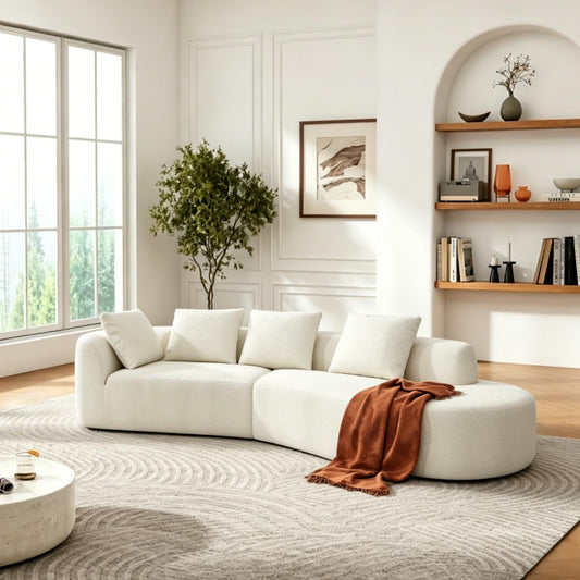 Merax 116" Curved Polyester Sectional Sofa, Modern Pearl Upholstery 3 Seat Cloud Couch with Chaise Lounge & 4 Pillows for Living Room, Beige