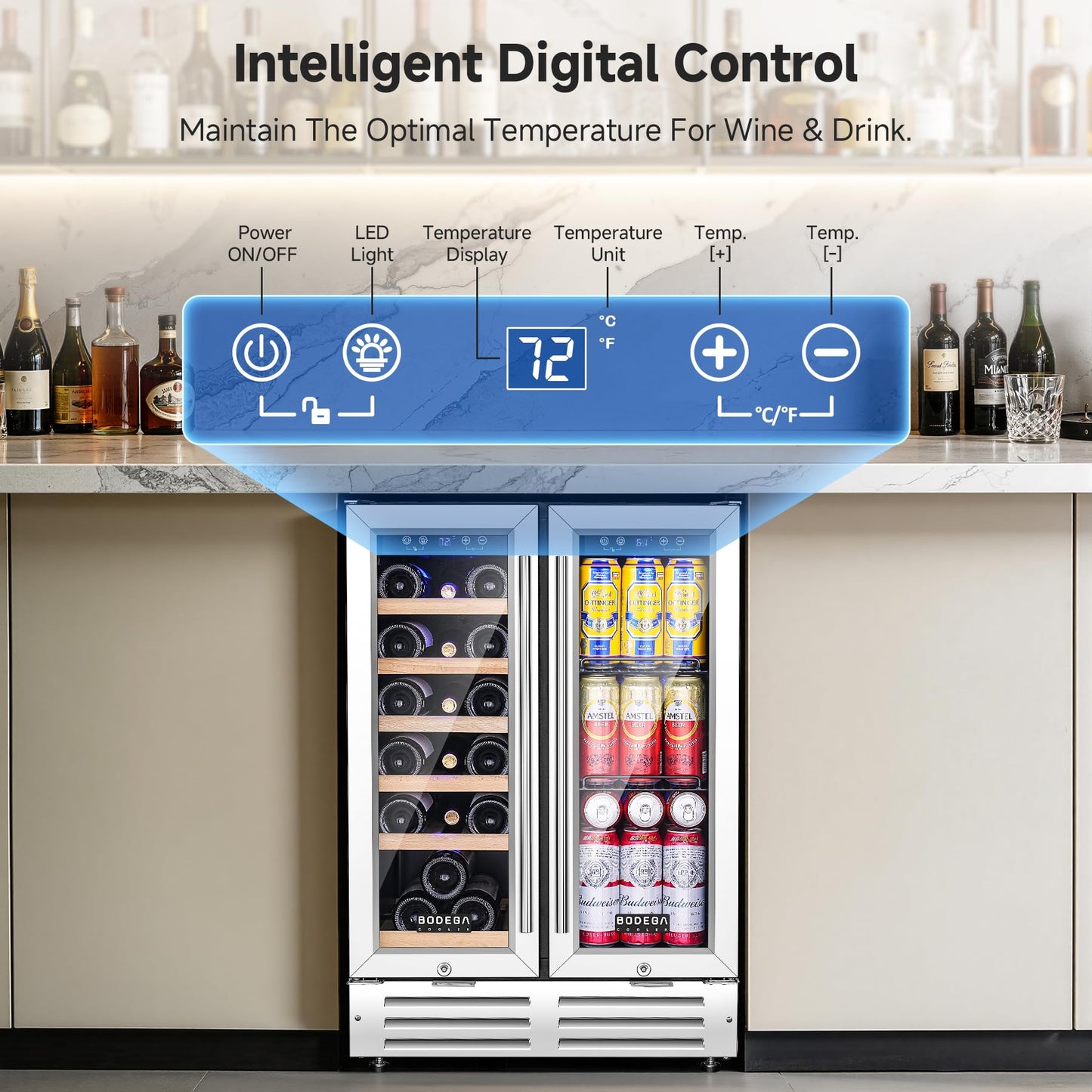 BODEGACOOLER Wine and Beverage Refrigerator, 24 Inch Under Counter Commercial Beverage Refrigerator, Large Capacity Back Bar Cooler With 2 Glass Doors,LED Lighting for Beer,Soda,Wine,4.1 Cu.Ft.,Black.