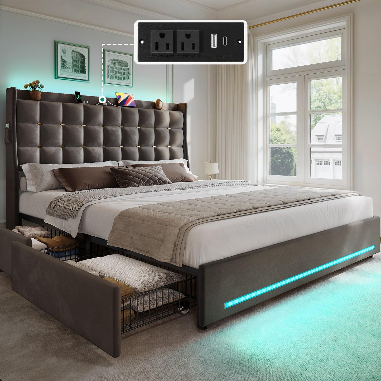 YITAHOME Queen Size Bed Frame with 4 Drawers and RGB LED Lights, Velvet Upholstered Platform Bed with Charging Station and Storage Headboard, No Box Spring Needed, Easy Assembly, Noise-Free, Grey